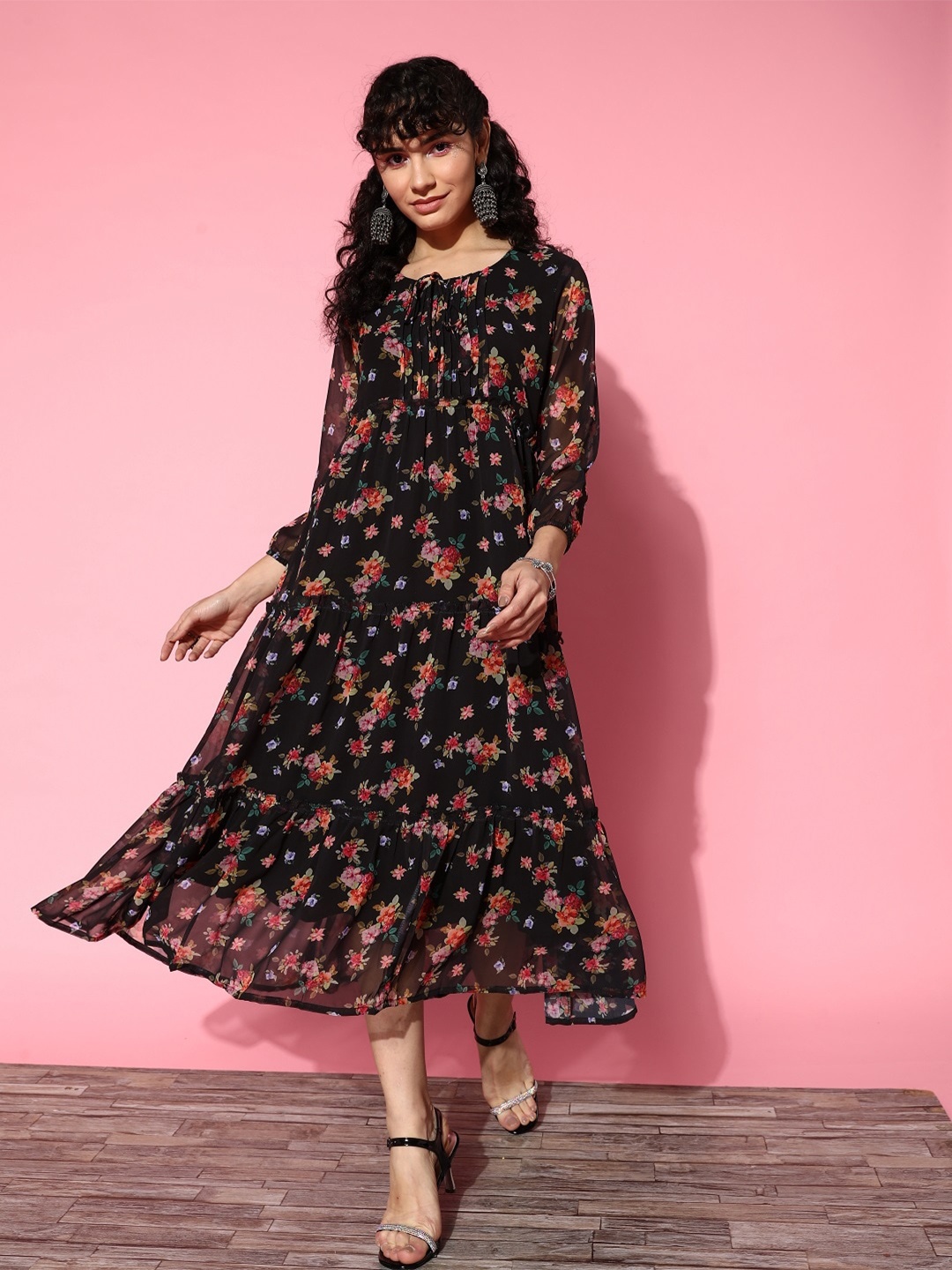 KALINI Floral Printed Georgette Fit & Flare Dress, Black