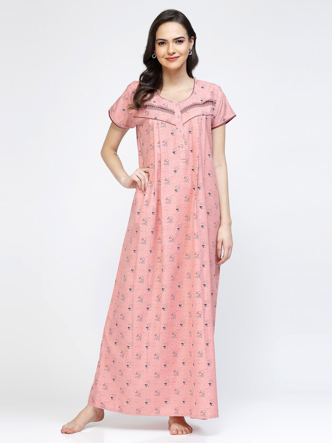 Sweet Dreams Peach-Coloured & Navy Blue Geometric Printed Pure Cotton Maxi Nightdress
Sweet Dreams Peach-Coloured & Navy Blue Geometric Printed Pure Cotton Maxi Nightdress
