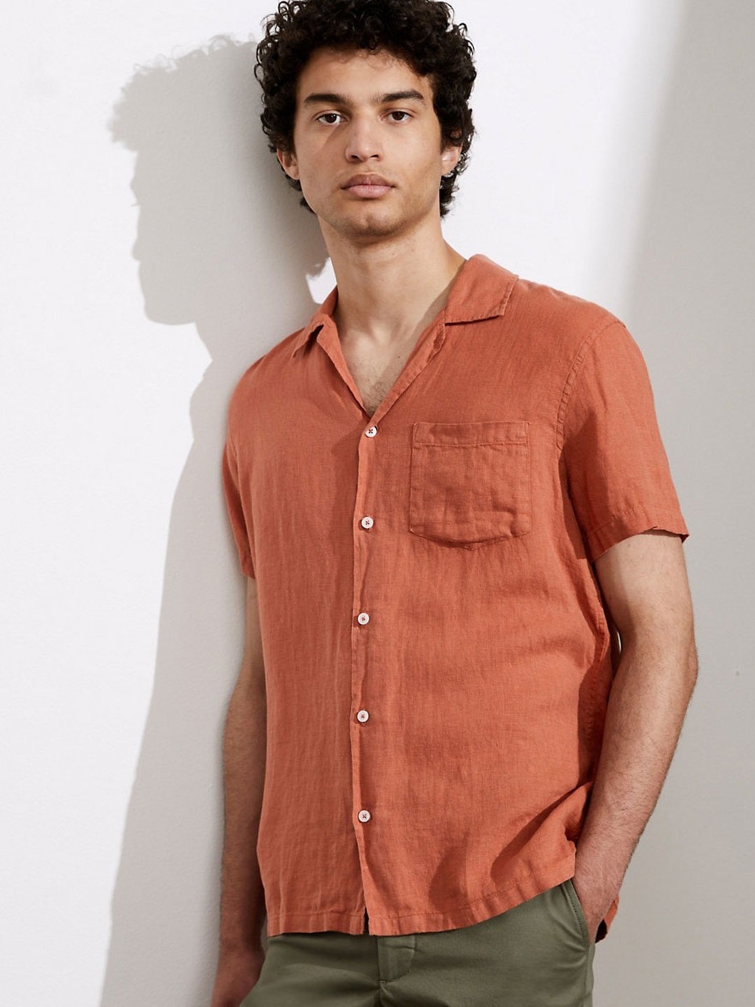 Marks & Spencer Spread Collar Pure Linen Casual Shirt, Coral