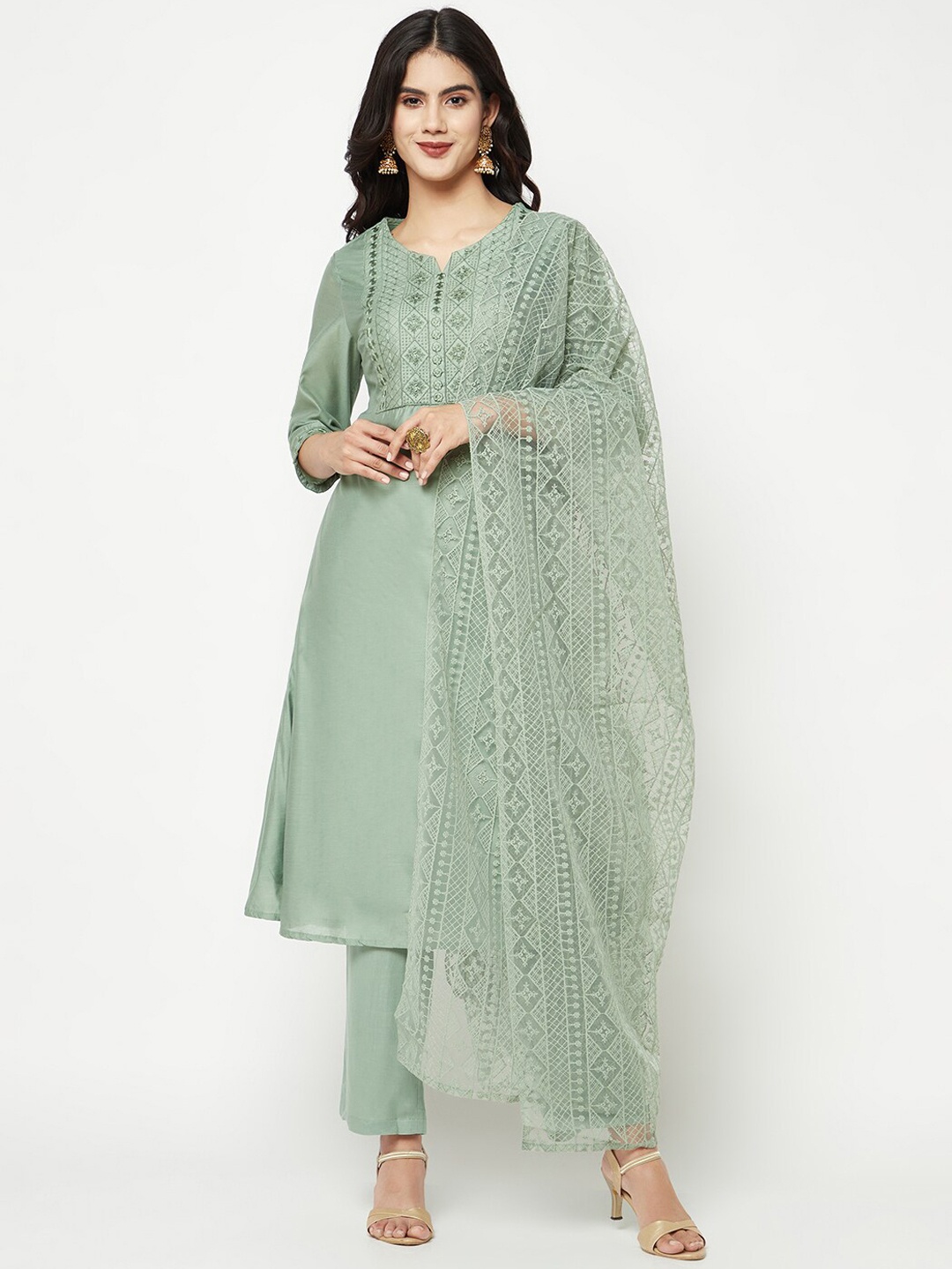 IMARA Ethnic Motifs Embroidered Chanderi Cotton Kurta With Trousers & Dupatta, Green
IMARA Ethnic Motifs Embroidered Chanderi Cotton Kurta With Trousers & Dupatta, Green