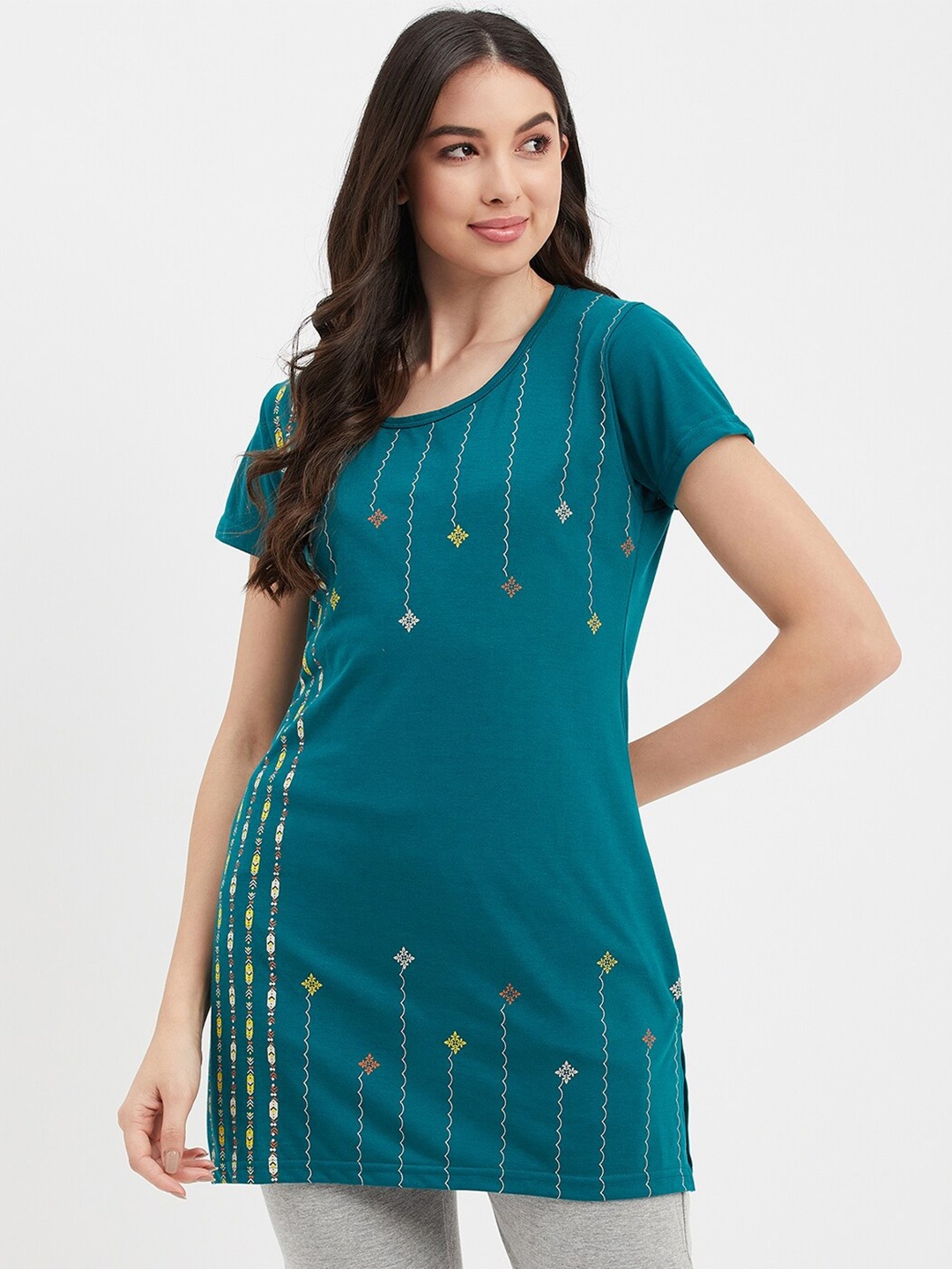 VERO AMORE Printed Round Neck Cotton Lounge T-shirt, Teal