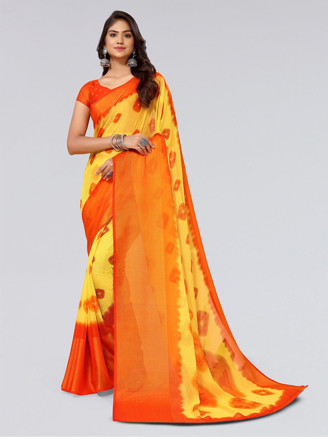 KALINI Printed Zari Bandhani Saree, Yellow