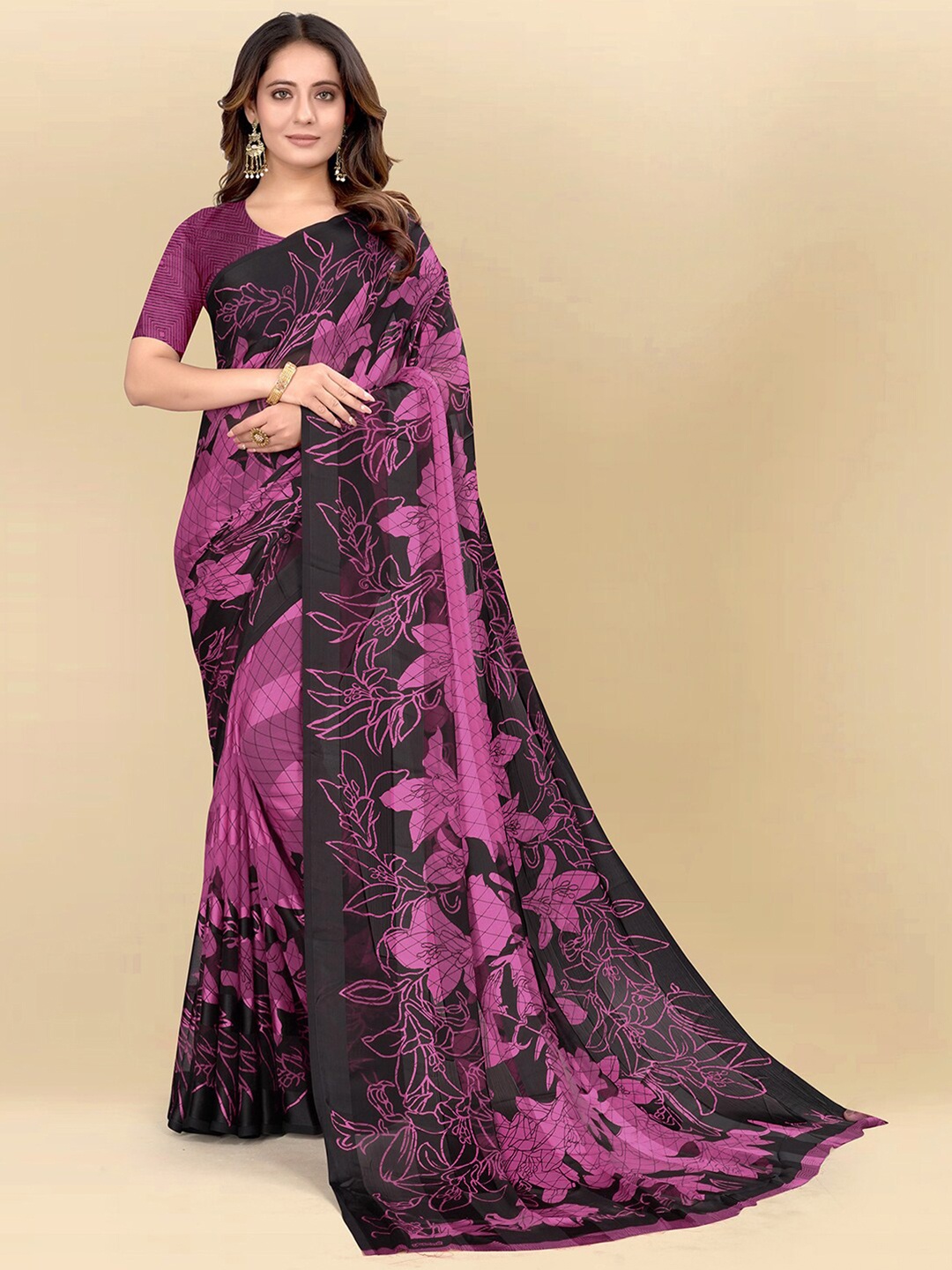 Mitera Pink & Black Floral Printed Poly Chiffon Saree