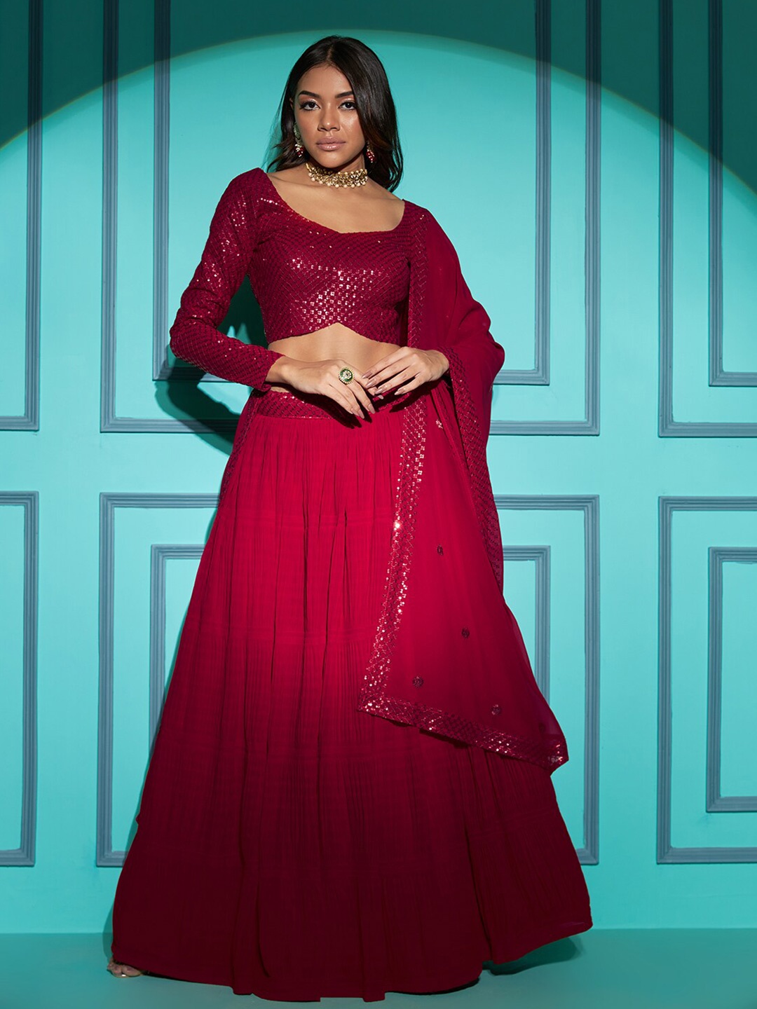 SHUBHKALA Embellished Sequinned Semi-Stitched Lehenga & Unstitched Blouse With Dupatta, Red
SHUBHKALA Embellished Sequinned Semi-Stitched Lehenga & Unstitched Blouse With Dupatta, Red