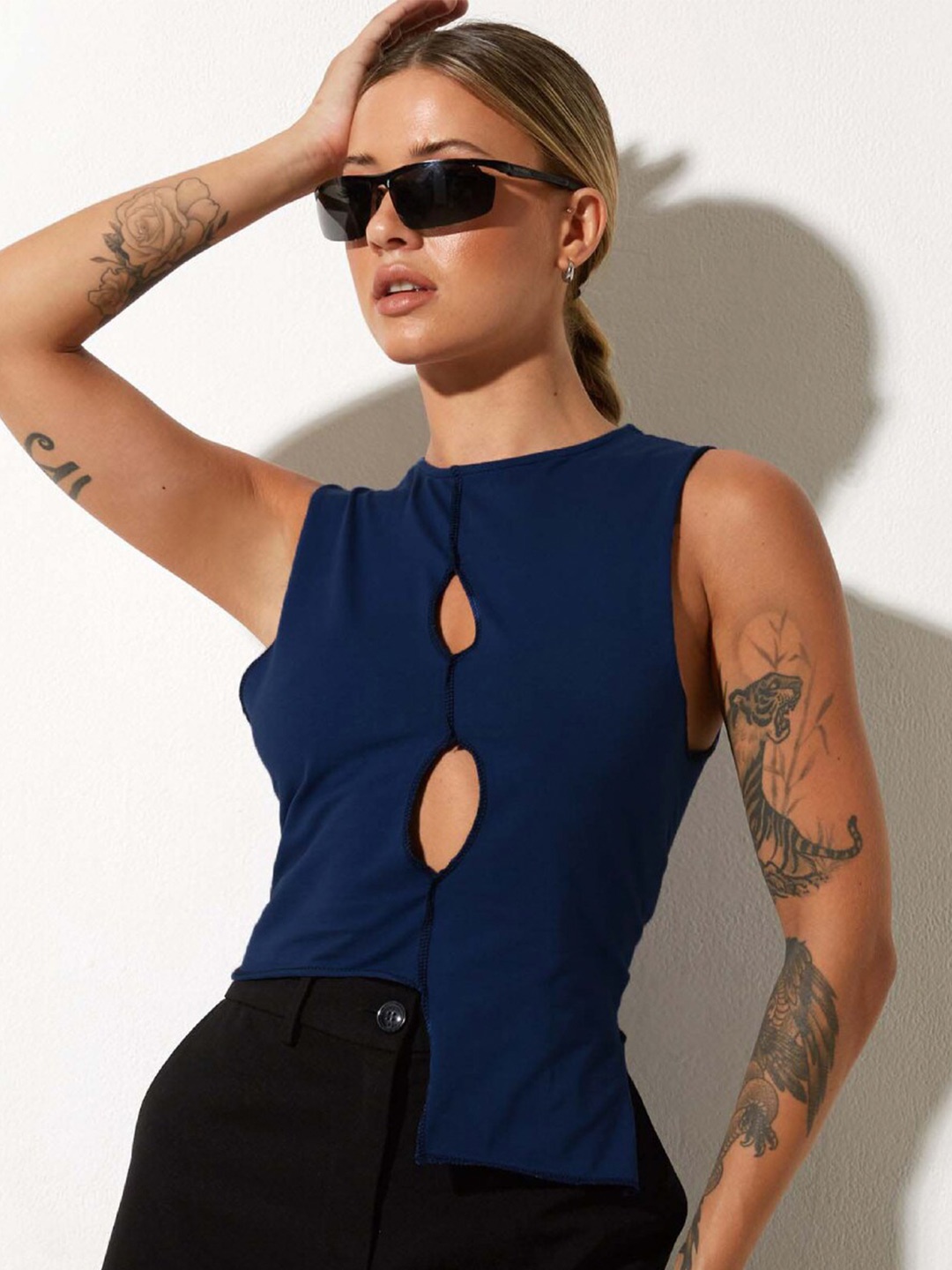 Styched Cut Out Cotton Top, Blue