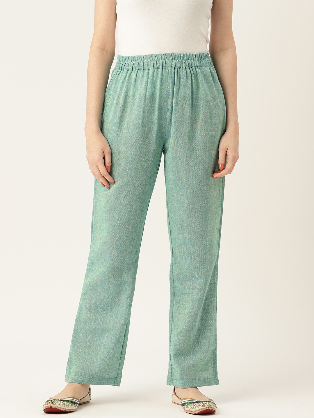 Molcha Cotton Chambray Ethnic Palazzos, Green