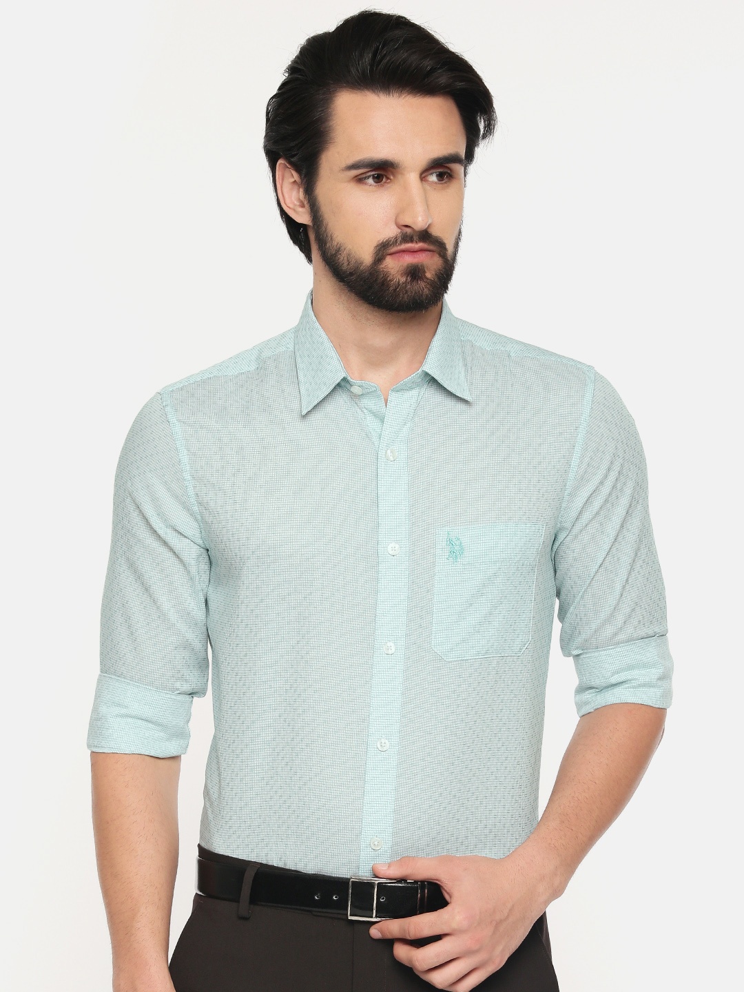 U.S. Polo Assn. Men Green Tailored Fit Checked Formal Shirt