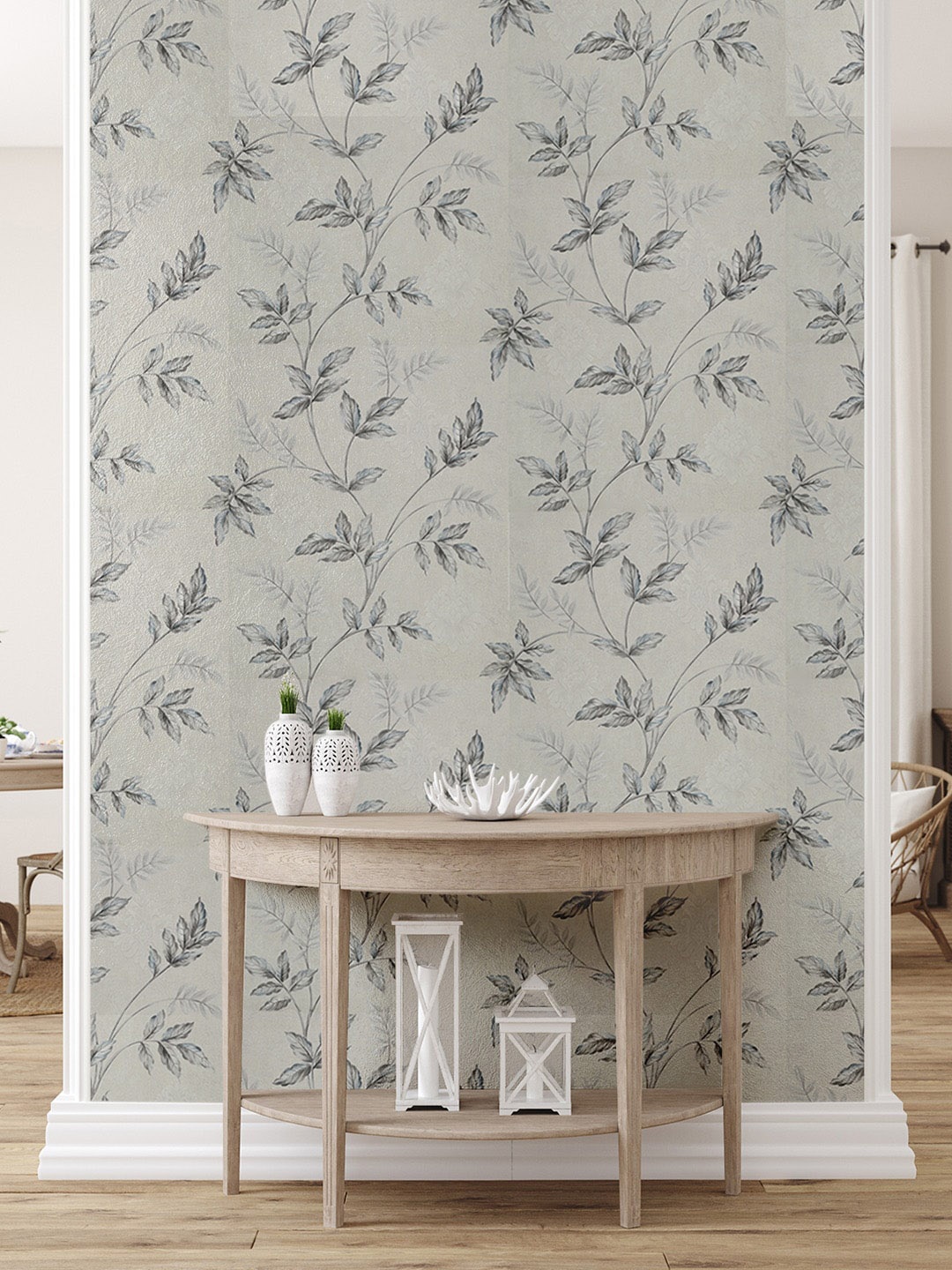 Asian Paints ezyCR8 Mix Leaves Blue Non Adhesive Wallpaper (53x 950cm), Grey