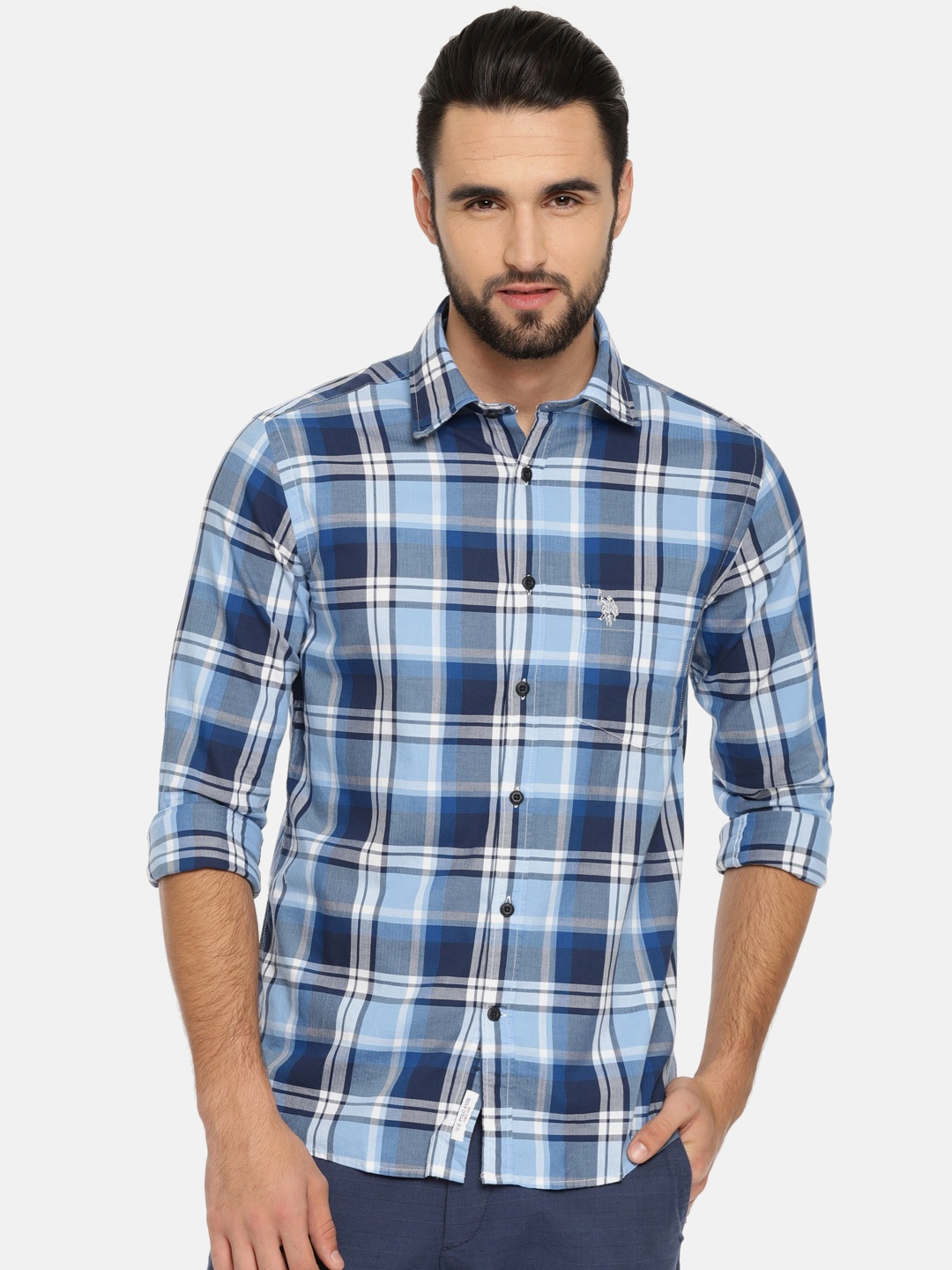 U.S. Polo Assn. Men Blue & White Regular Fit Checked Casual Shirt