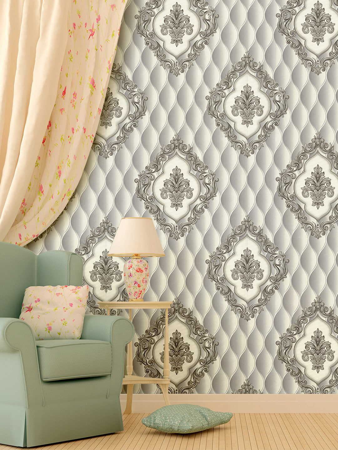 Asian Paints ezyCR8 Damask Silver Motifs Non Adhesive Wallpaper for Home (53x 950cm), Grey
Asian Paints ezyCR8 Damask Silver Motifs Non Adhesive Wallpaper for Home (53x 950cm), Grey