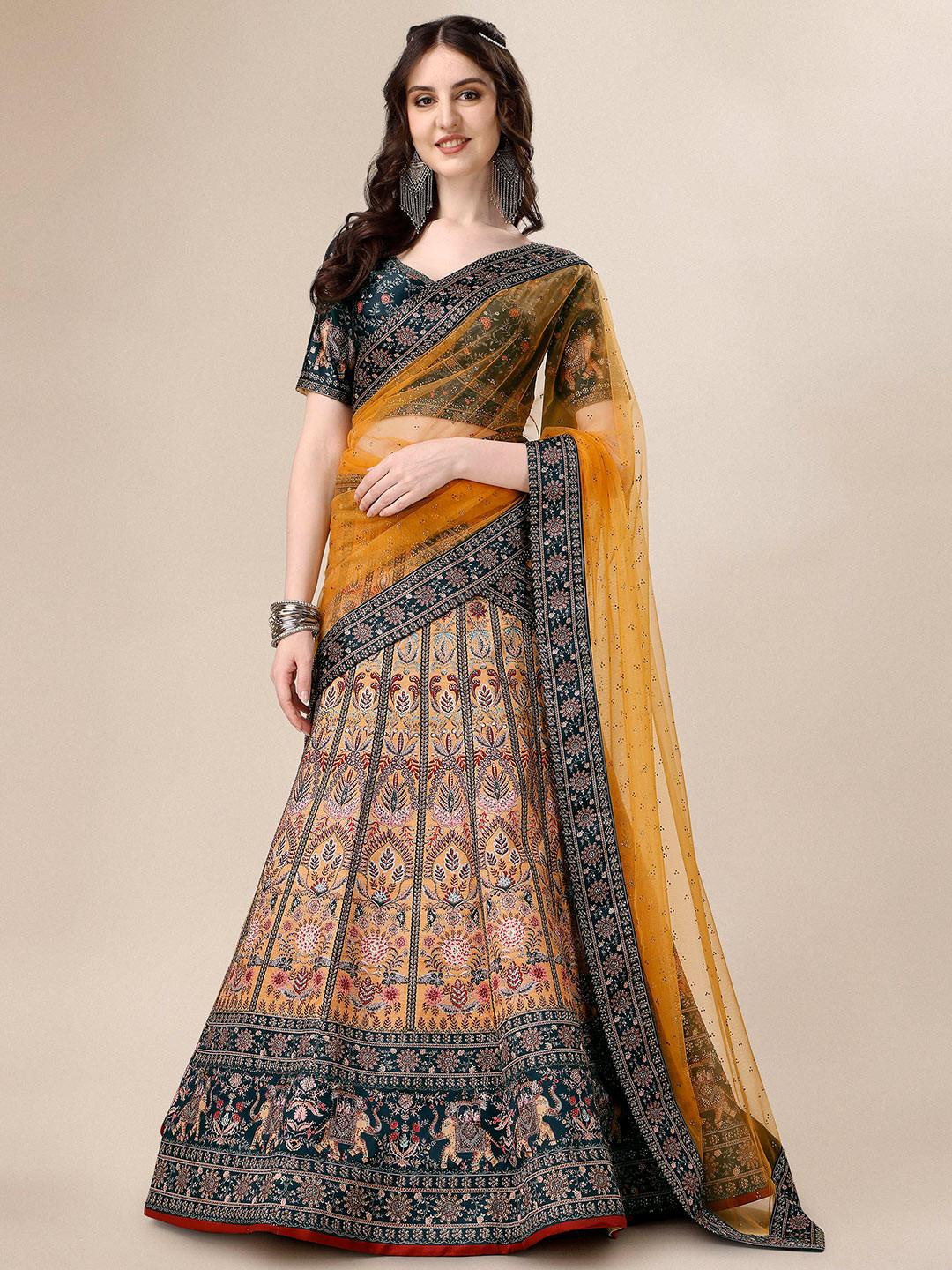 SAPTRANGI Beads and Stones Semi-Stitched Lehenga & Unstitched Blouse With Dupatta, Yellow
SAPTRANGI Beads and Stones Semi-Stitched Lehenga & Unstitched Blouse With Dupatta, Yellow
