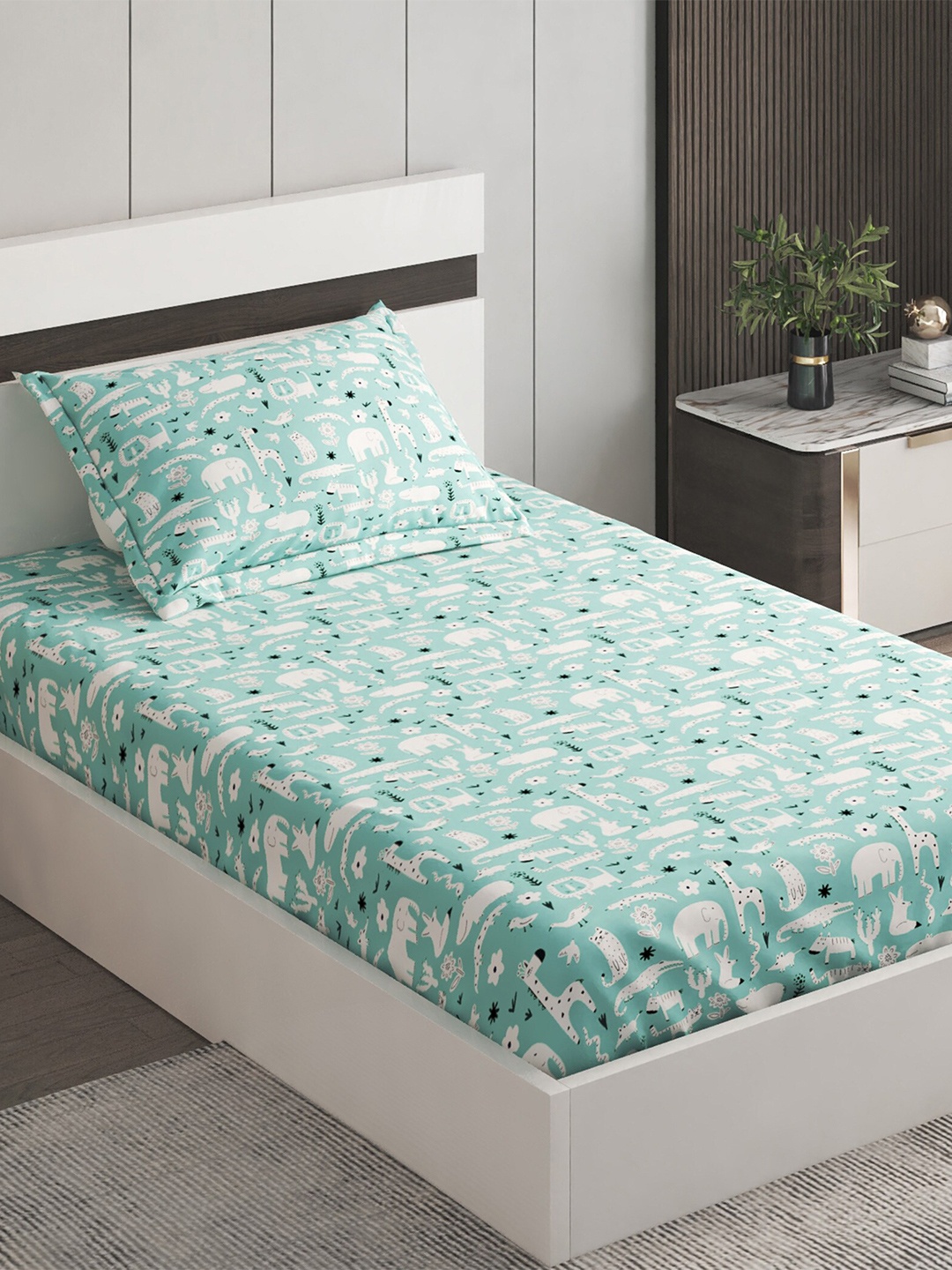 Home Centre Slate Teal & White Graphic Cotton 150 TC Single Bedsheet With 1 Pillow Cover
Home Centre Slate Teal & White Graphic Cotton 150 TC Single Bedsheet With 1 Pillow Cover