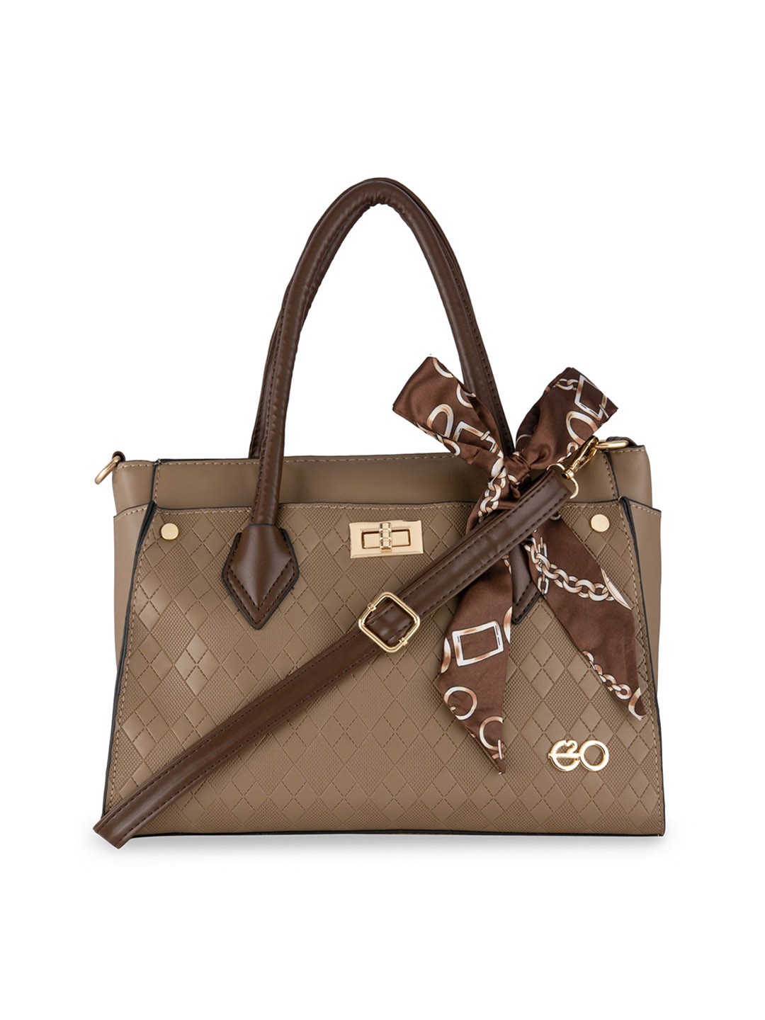 E2O Textured Structured Handheld Bag With Scarf, Brown