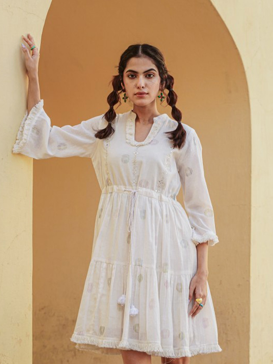 Ittarr Embellished Mandarin Collar Flared Sleeve Cotton Fit & Flare Dress, Off white
Ittarr Embellished Mandarin Collar Flared Sleeve Cotton Fit & Flare Dress, Off white