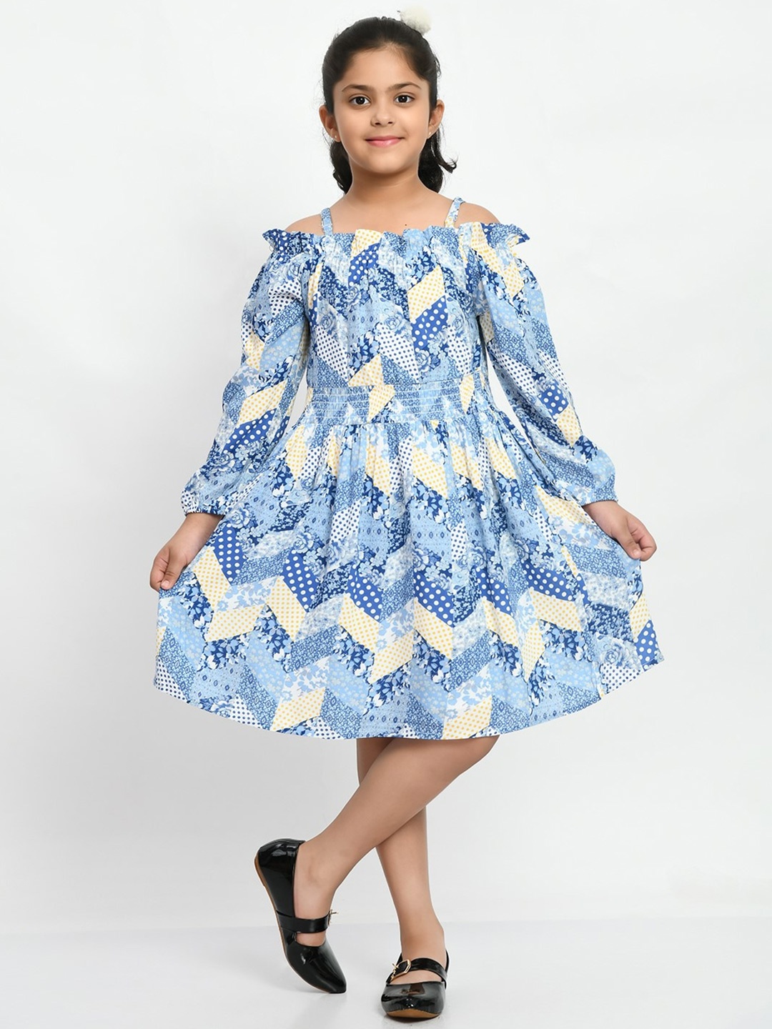 Bella Moda Girls Floral Printed Pure Cotton Fit & Flare Dress, Blue