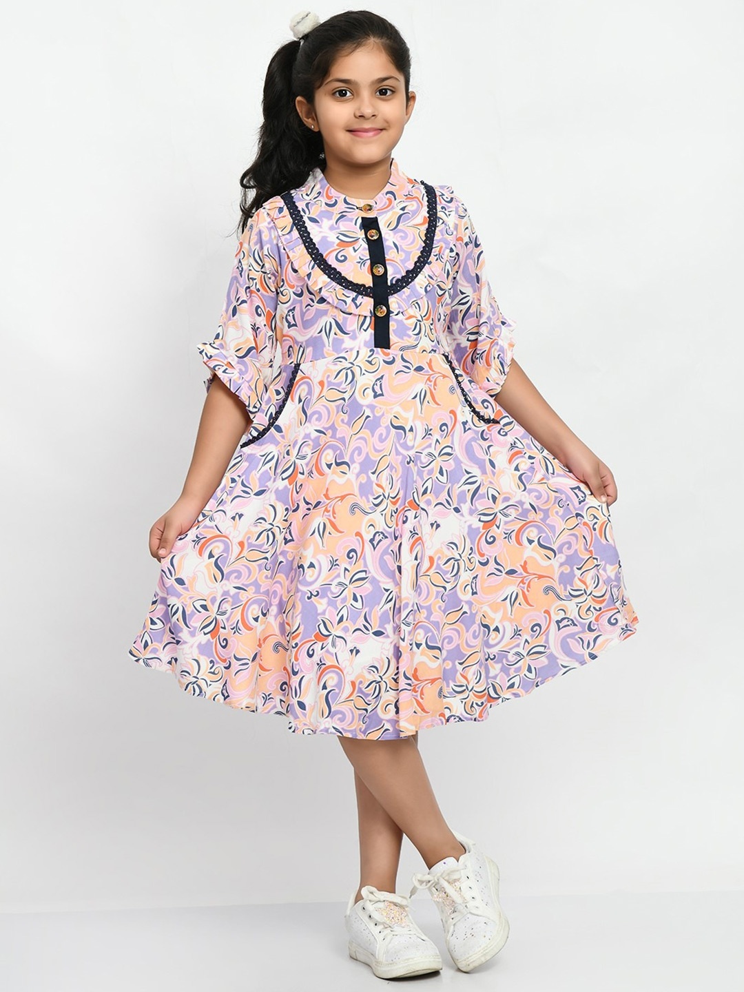 Bella Moda Girls Floral Printed Mandarin Collar Pure Cotton Fit & Flare Dress, Violet
Bella Moda Girls Floral Printed Mandarin Collar Pure Cotton Fit & Flare Dress, Violet