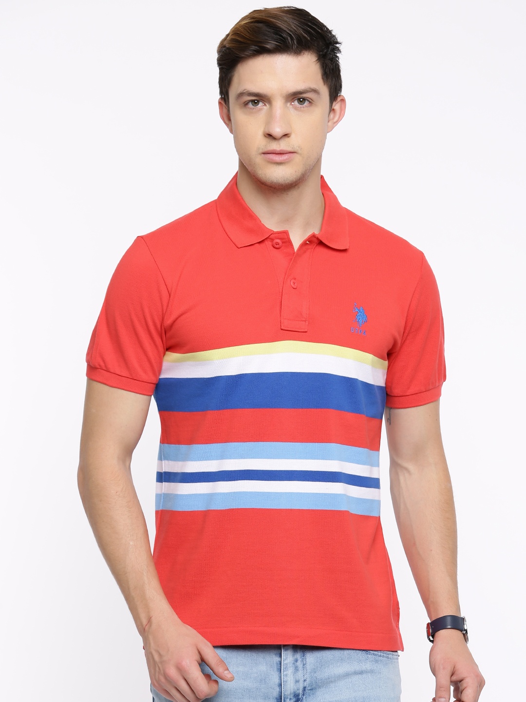 U.S. Polo Assn. Men Coral Striped Polo Collar T-shirt