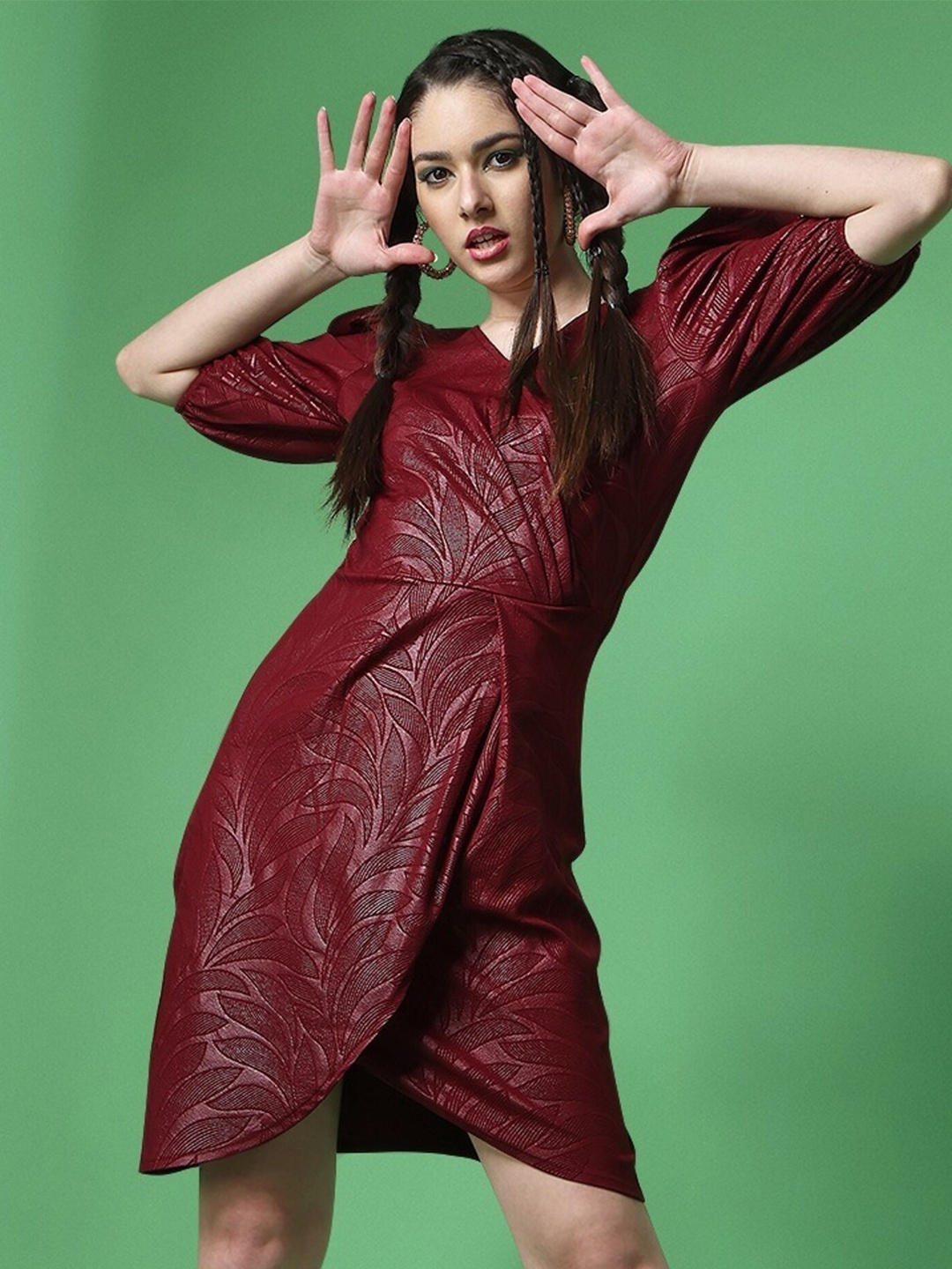 UDBHAV TEXTILE Embossed Abstract Printed Puff Sleeves Gathered Cotton Wrap Dress, Maroon
UDBHAV TEXTILE Embossed Abstract Printed Puff Sleeves Gathered Cotton Wrap Dress, Maroon