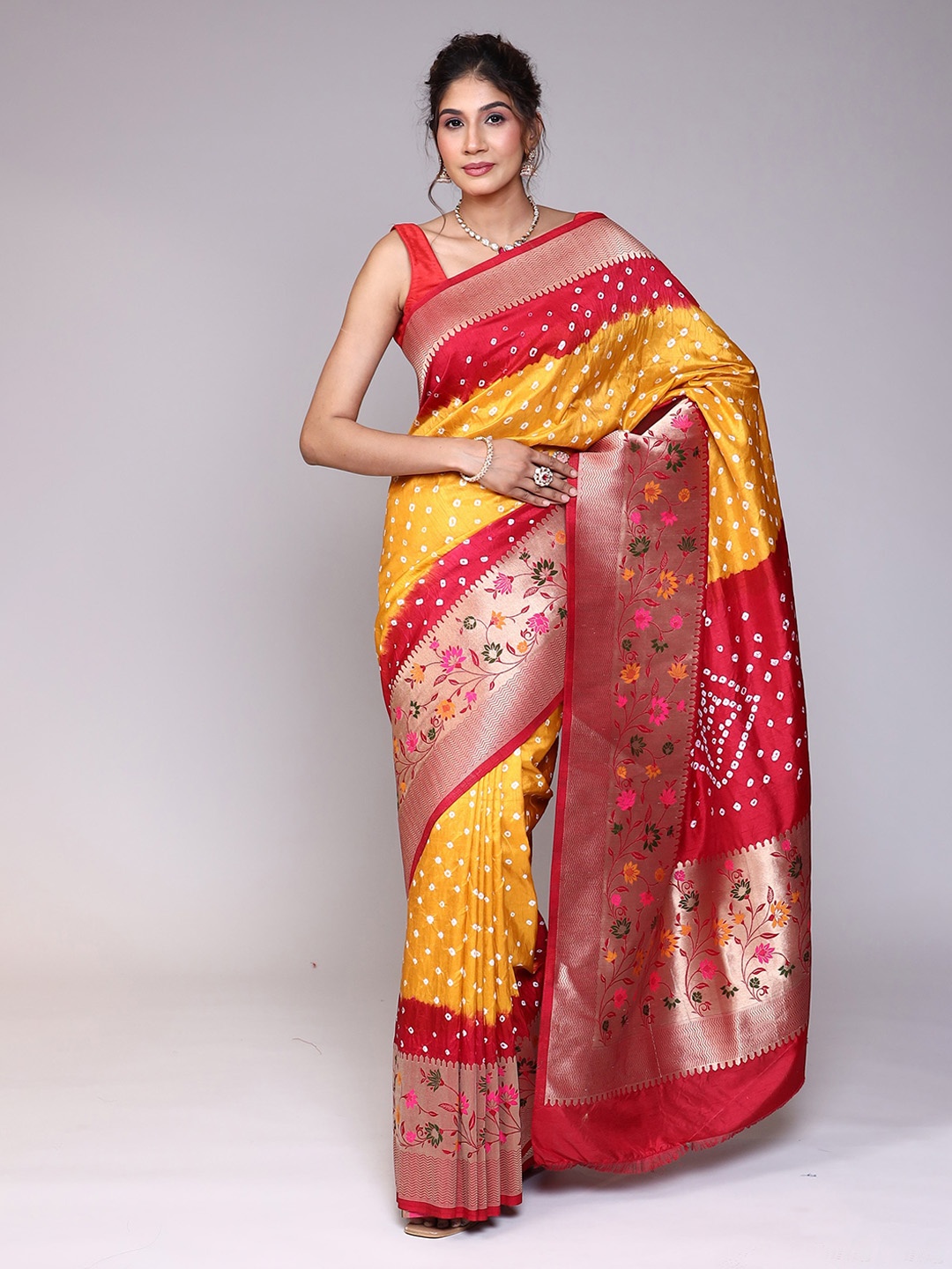 ZARI Printed Zari Bandhani Saree, Mustard