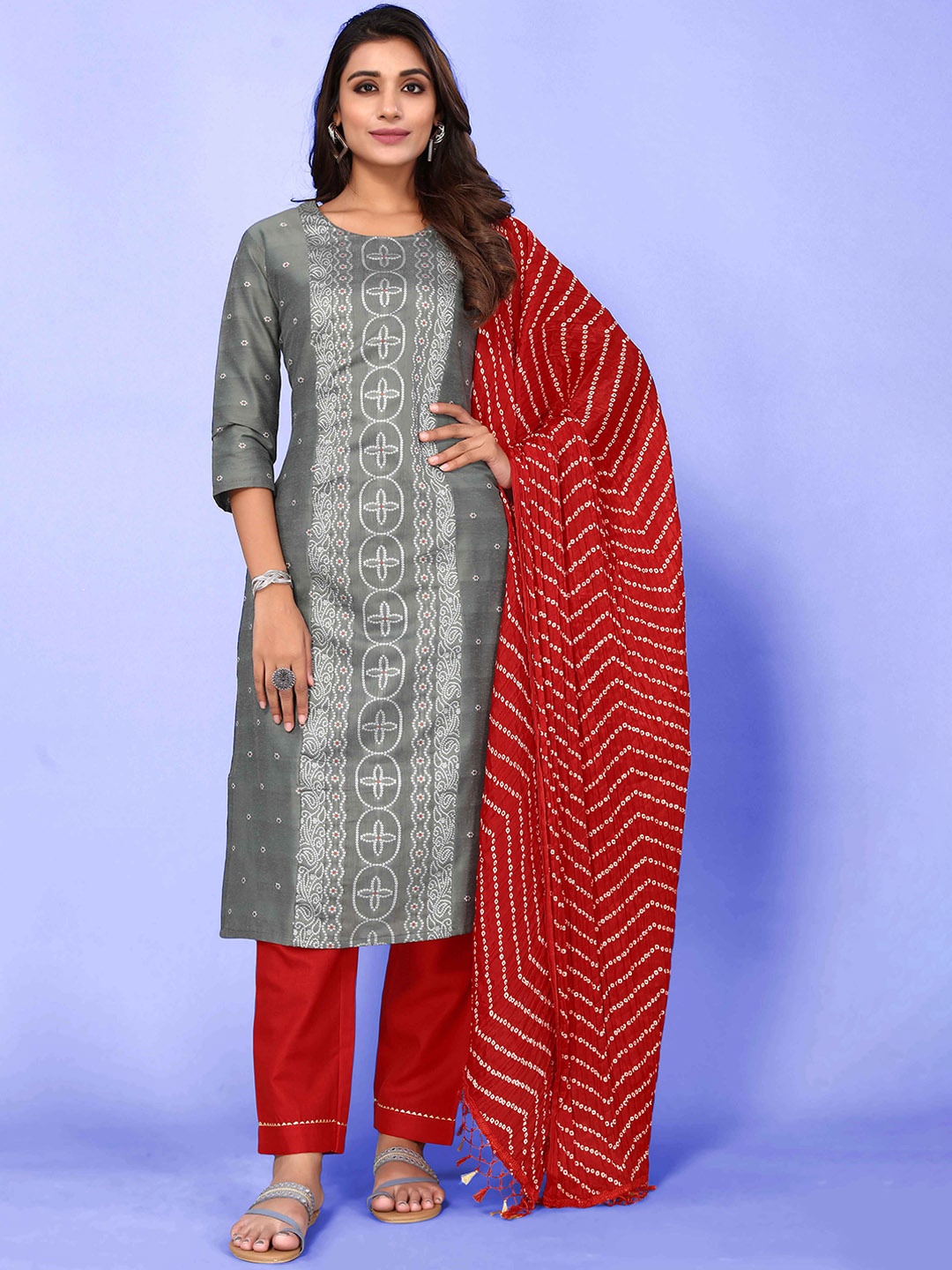 Happy Design Bandhani Printed Regular Pure Cotton Kurti with Trousers & Dupatta, Grey
Happy Design Bandhani Printed Regular Pure Cotton Kurti with Trousers & Dupatta, Grey