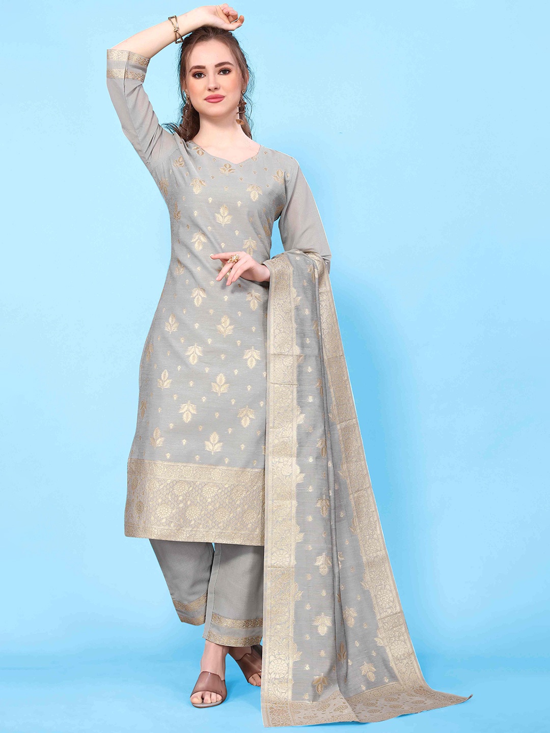 Happy Design Ethnic Motifs Regular Pure Cotton Kurti with Trousers & Dupatta, Silver
Happy Design Ethnic Motifs Regular Pure Cotton Kurti with Trousers & Dupatta, Silver
