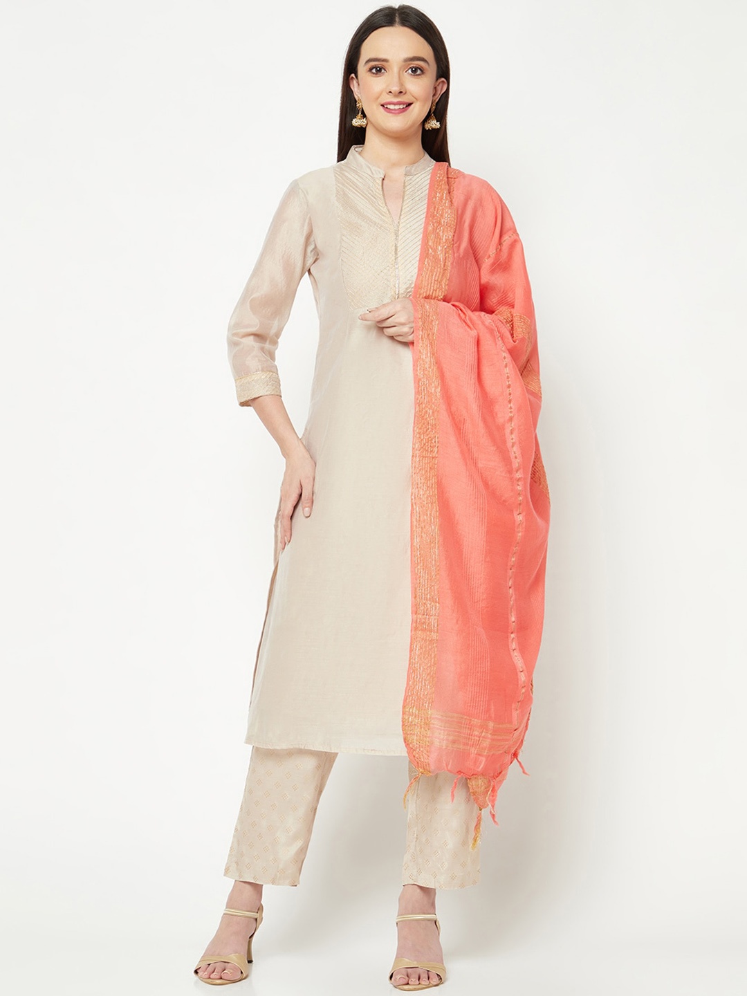 IMARA Striped Yoke Design Thread Work Chanderi Silk Kurta with Trousers & With Dupatta, Beige
IMARA Striped Yoke Design Thread Work Chanderi Silk Kurta with Trousers & With Dupatta, Beige
