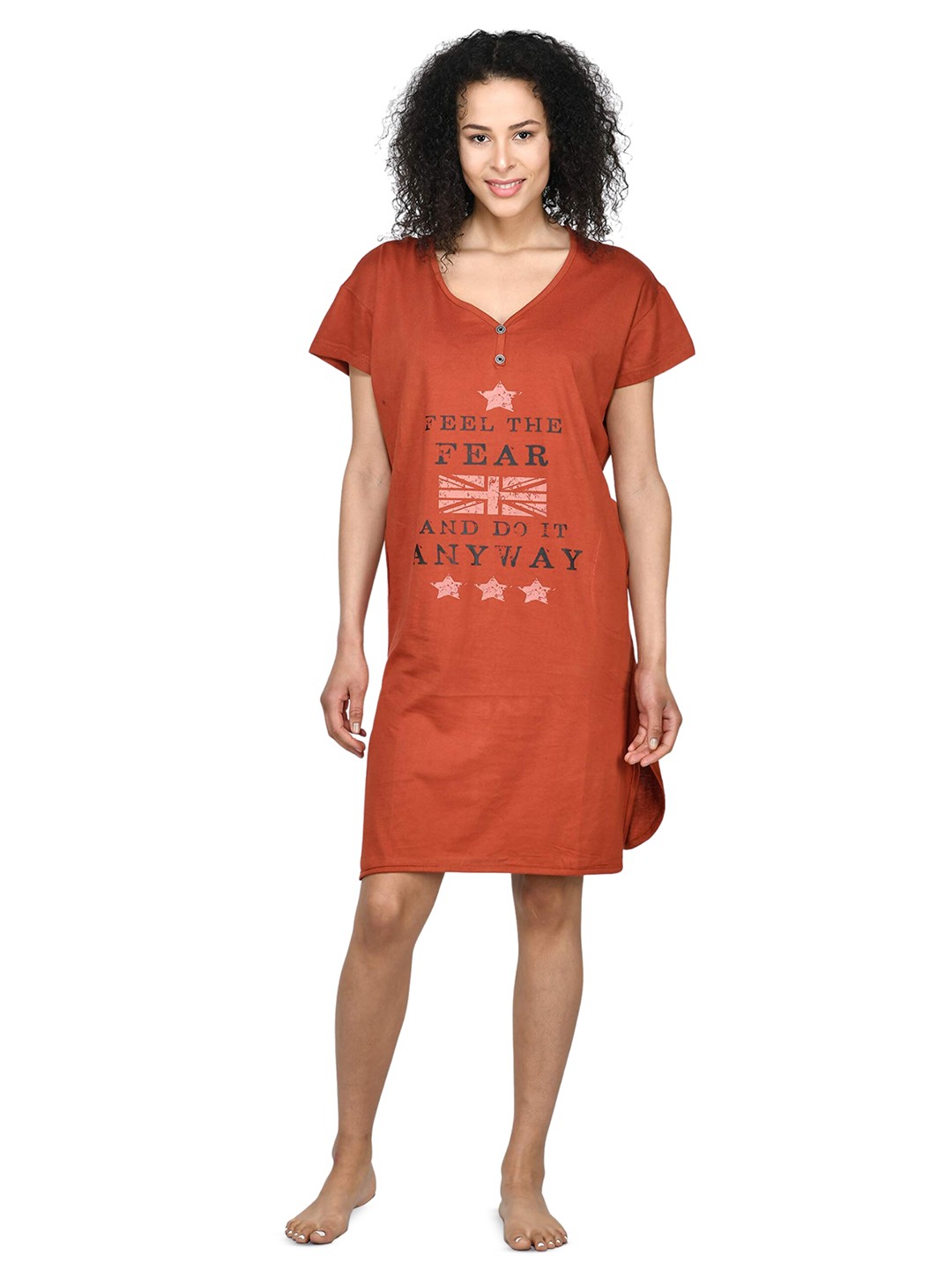 Noty Typography Printed V-Neck Cotton T-Shirt Nightdress, Maroon