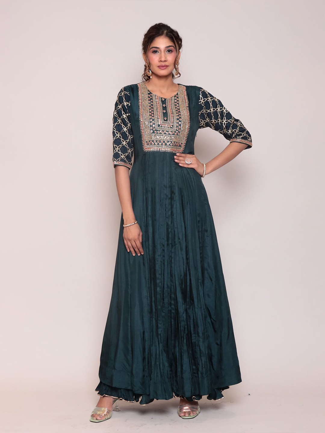 ZARI Embellished Round Neck Maxi Dress, Green