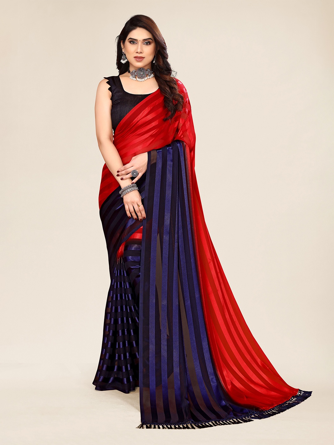 ANAND SAREES Striped Satin Saree, Blue