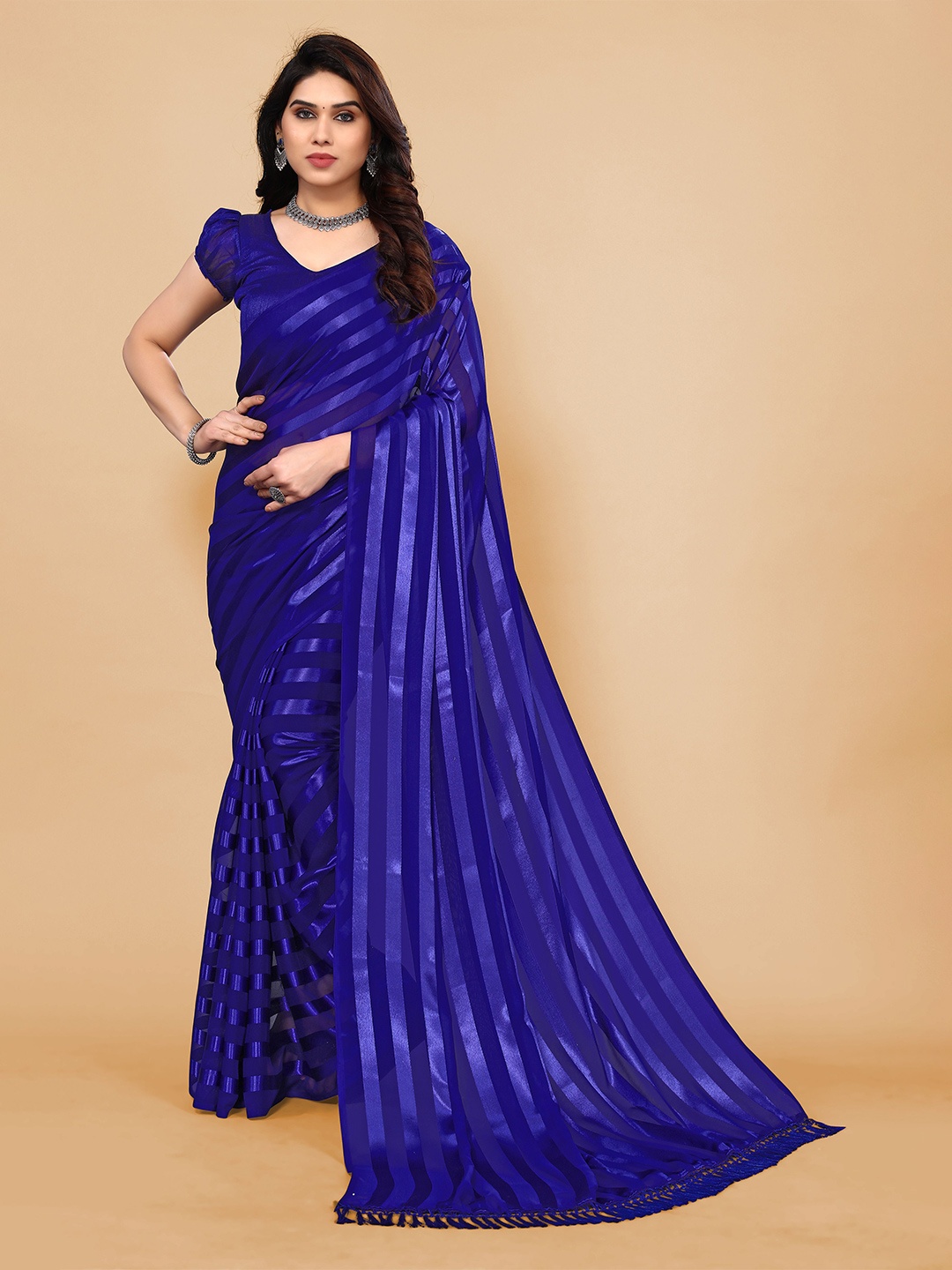 ANAND SAREES Striped Satin Saree, Blue