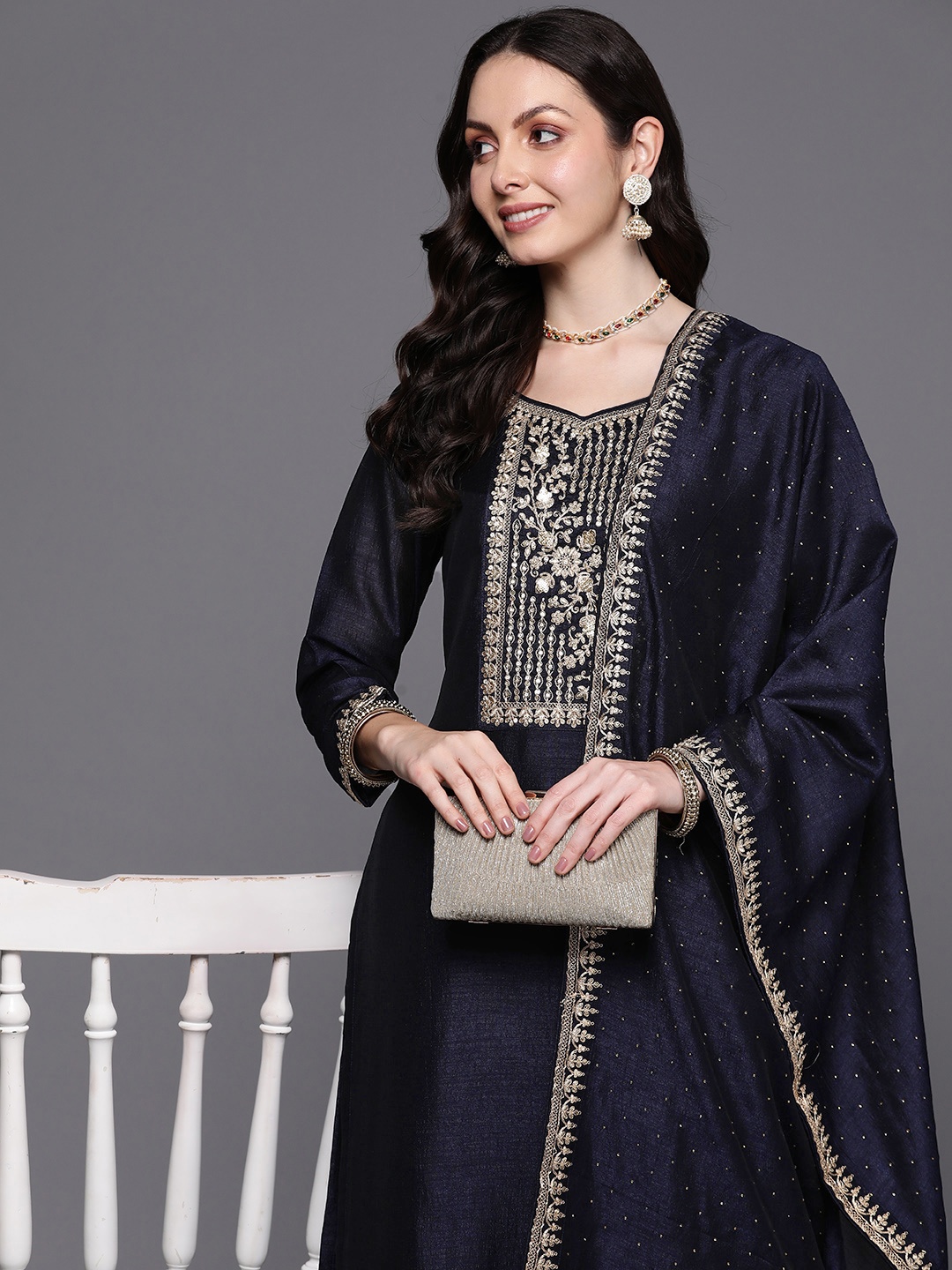 Indo Era Floral Embroidered Regular Sequinned Kurta with Trousers & With Dupatta, Navy blue
Indo Era Floral Embroidered Regular Sequinned Kurta with Trousers & With Dupatta, Navy blue