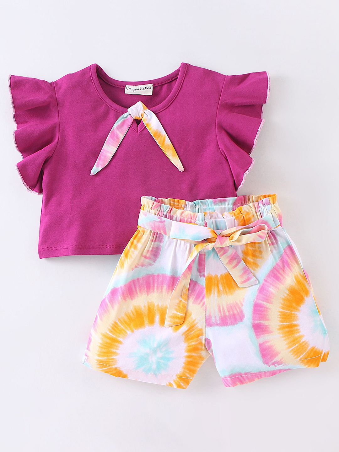 CrayonFlakes Girls Ruffled Top With Shorts, Pink