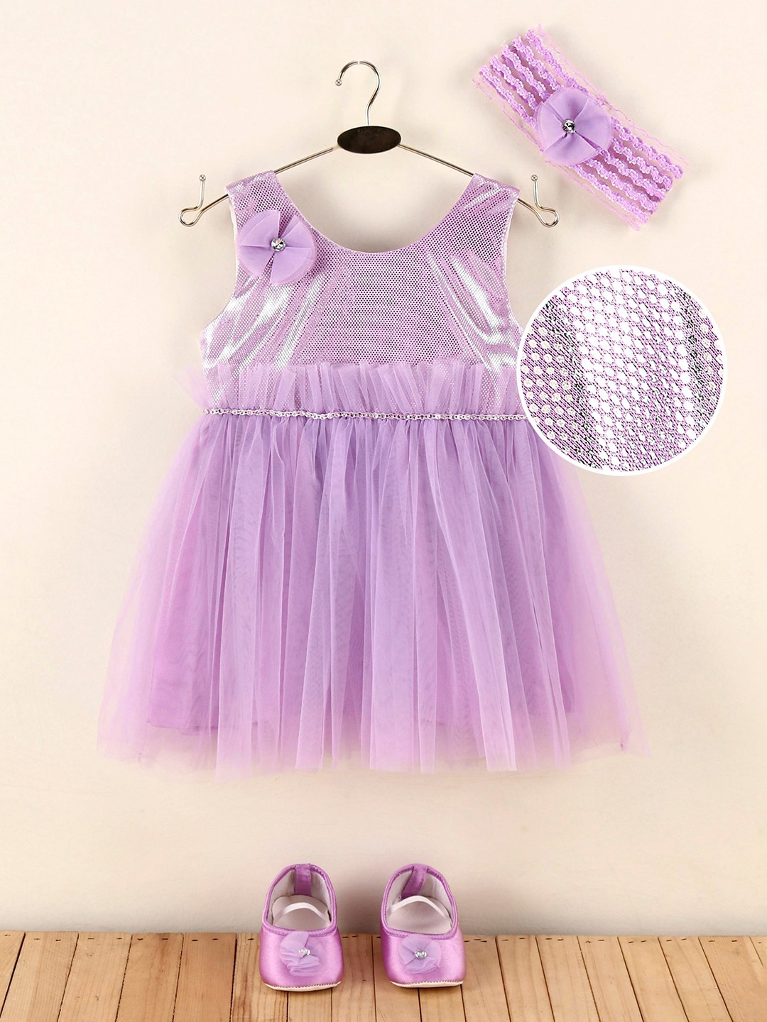 Enfance Girls Self Design Bow Detail Net Fit & Flare Dress With Hairband & Shoes, Lavender
Enfance Girls Self Design Bow Detail Net Fit & Flare Dress With Hairband & Shoes, Lavender