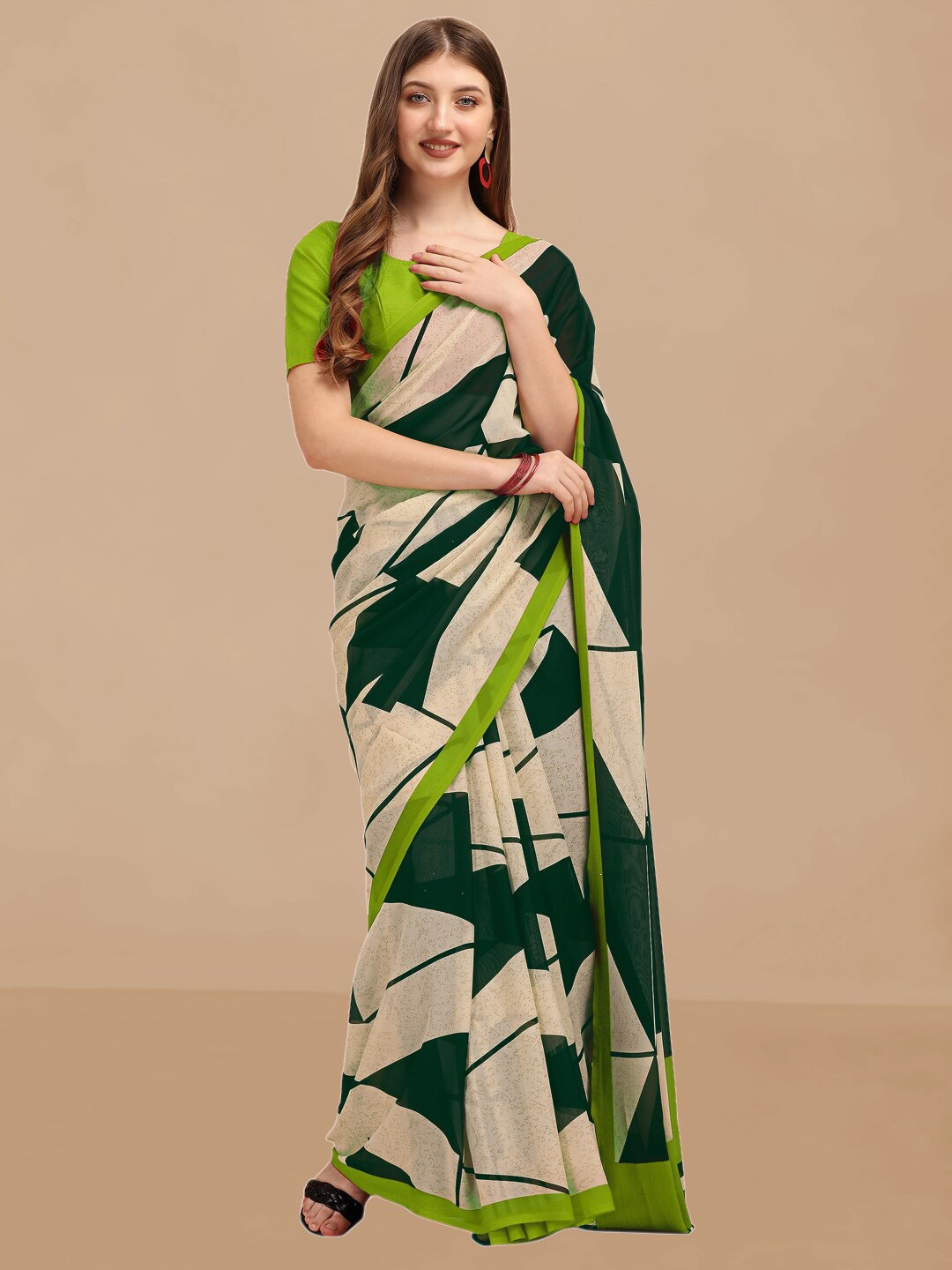Dori Geometric Printed Pure Georgette Saree, Green