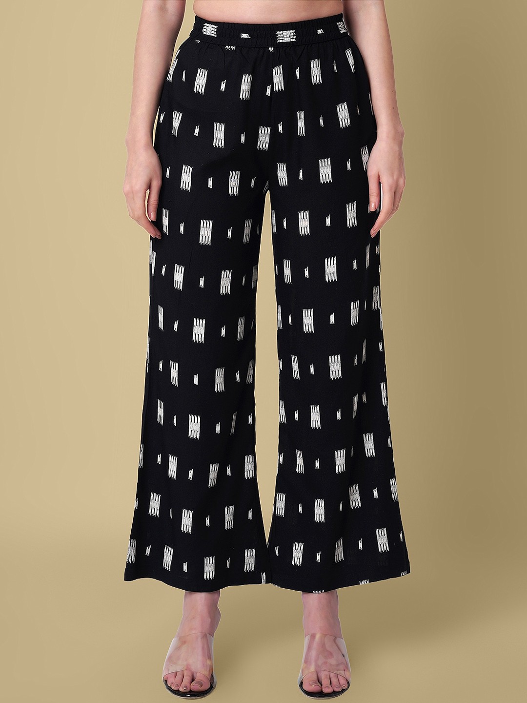 DAEVISH Women Geometric Printed Mid-Rise Relaxed Loose Fit Plain Parallel Trousers, Black