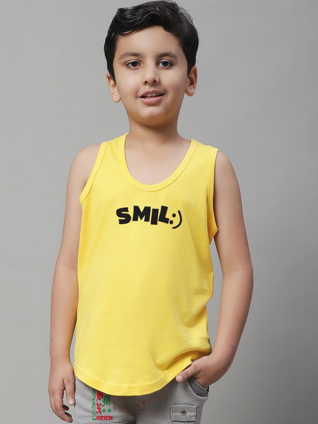 Friskers Boys Typography Printed Pure Cotton Vests, Yellow 
Friskers Boys Typography Printed Pure Cotton Vests, Yellow