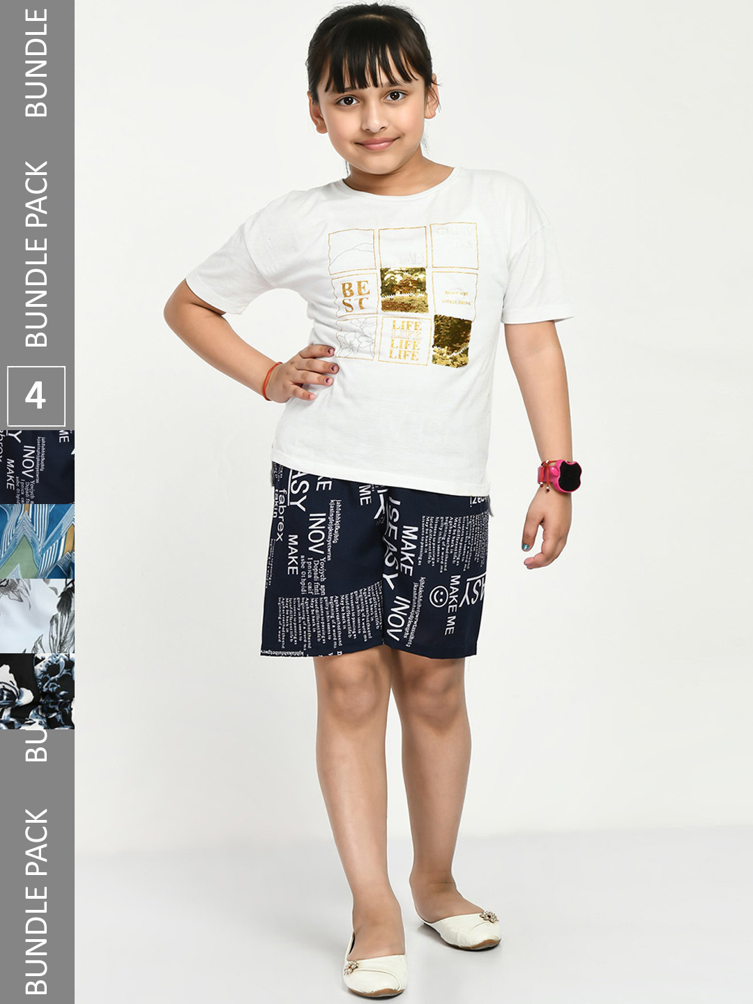 IndiWeaves Girls Pack Of 4 Floral Printed High-Rise Shorts, Navy blue 
IndiWeaves Girls Pack Of 4 Floral Printed High-Rise Shorts, Navy blue