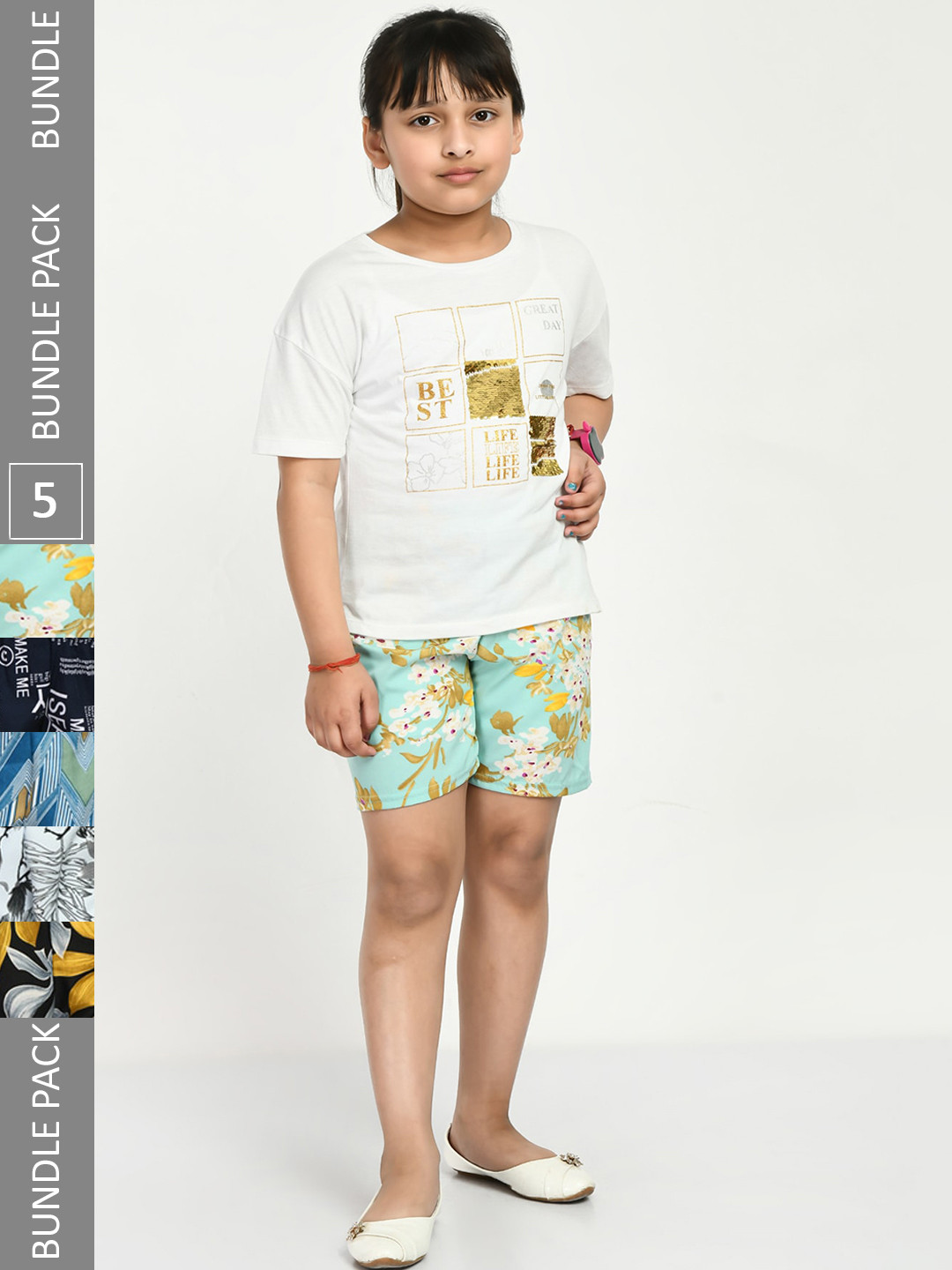 IndiWeaves Girls Pack Of 5 Printed High-Rise Shorts, Sea green 
IndiWeaves Girls Pack Of 5 Printed High-Rise Shorts, Sea green