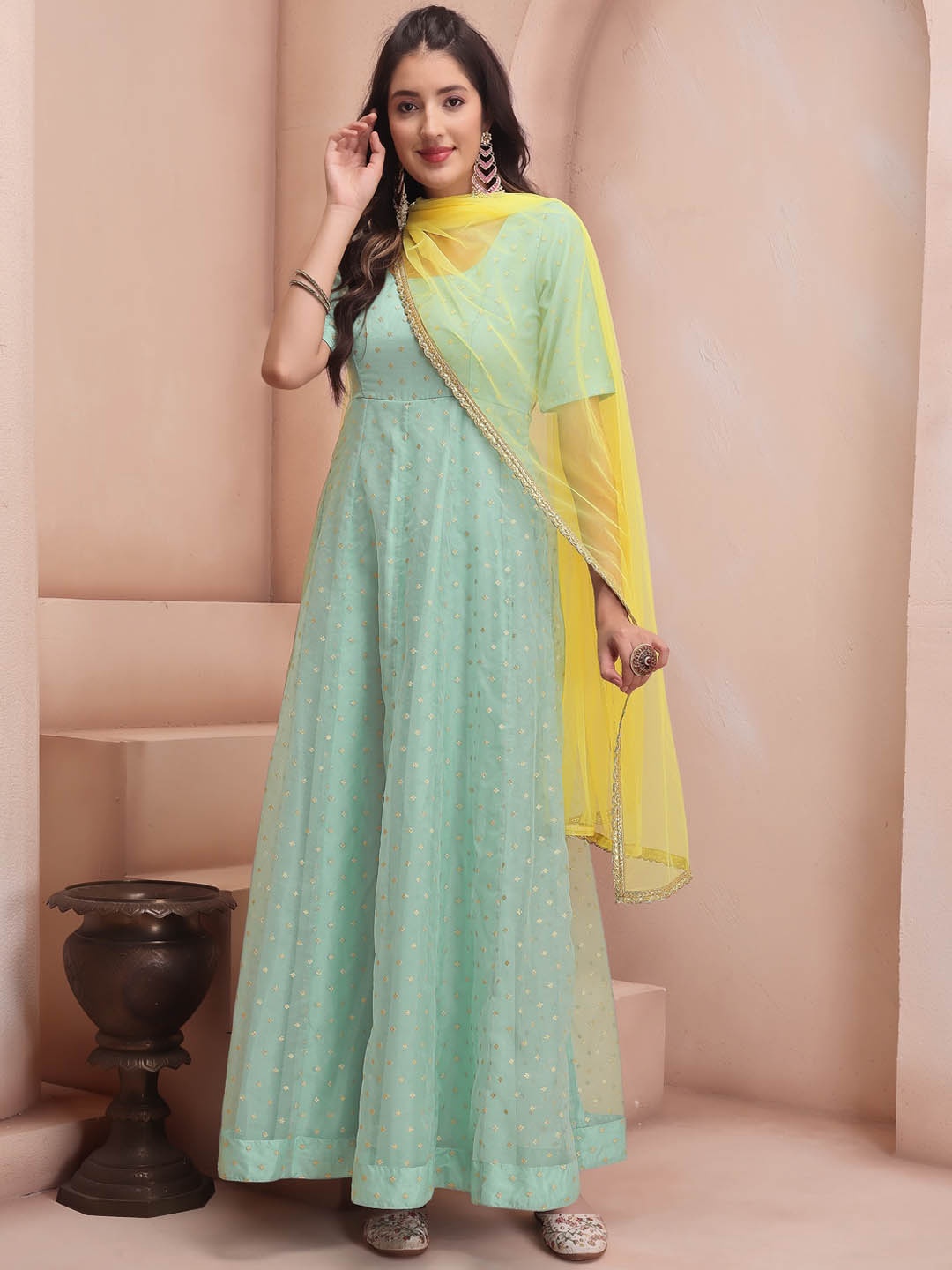 Inddus Sea Green & Yellow Colour Woven Design Square Neck Anarkali Kurta With Dupatta
Inddus Sea Green & Yellow Colour Woven Design Square Neck Anarkali Kurta With Dupatta