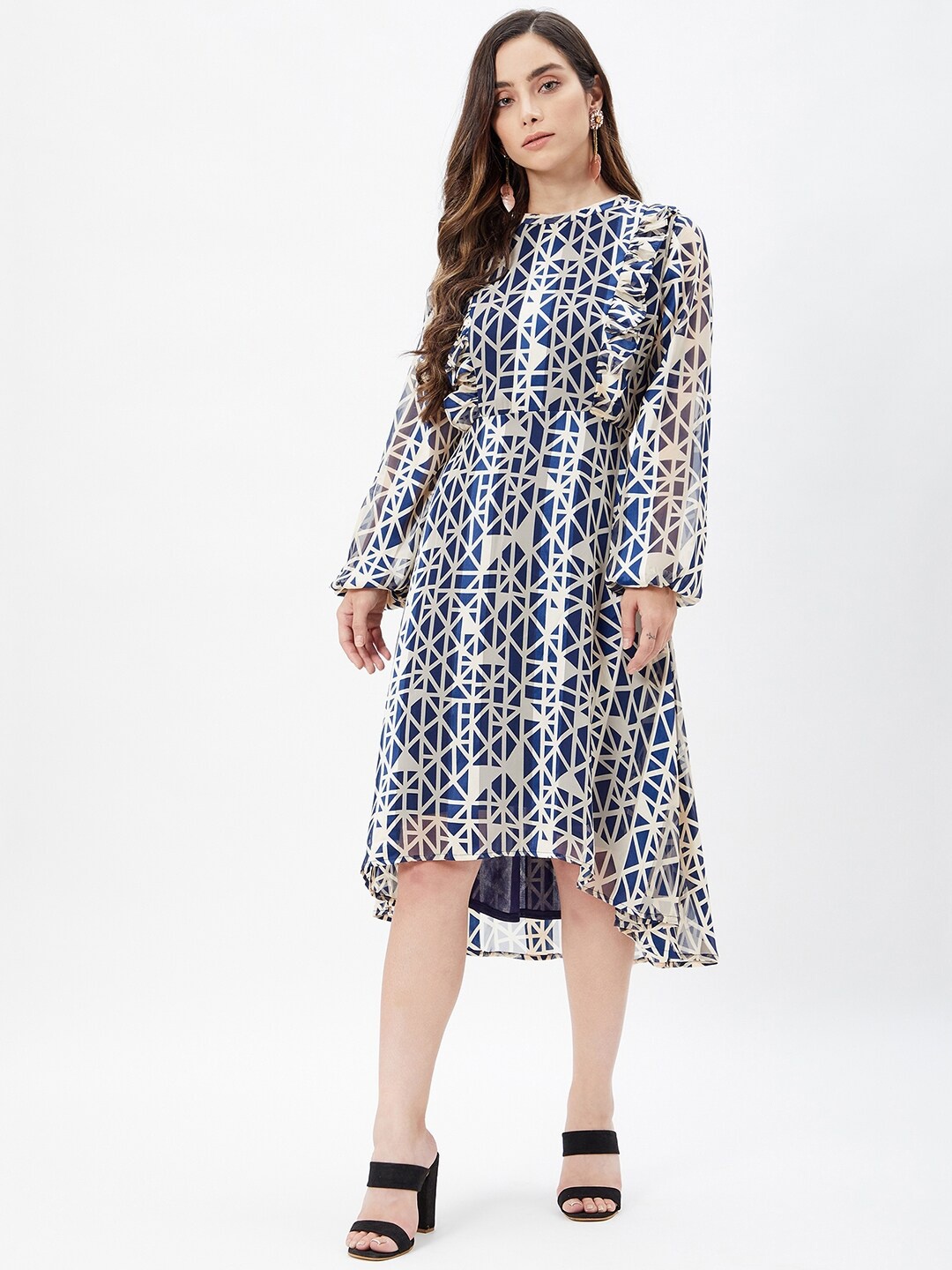 Kibo Geometric Printed Ruffled Boat Neck Puff Sleeves Georgette Midi Fit & Flare Dress, Blue
Kibo Geometric Printed Ruffled Boat Neck Puff Sleeves Georgette Midi Fit & Flare Dress, Blue
