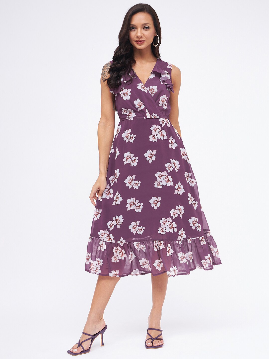 Kibo Floral Printed Ruffled V-Neck Georgette Casual Midi Fit & Flare Dress, Purple