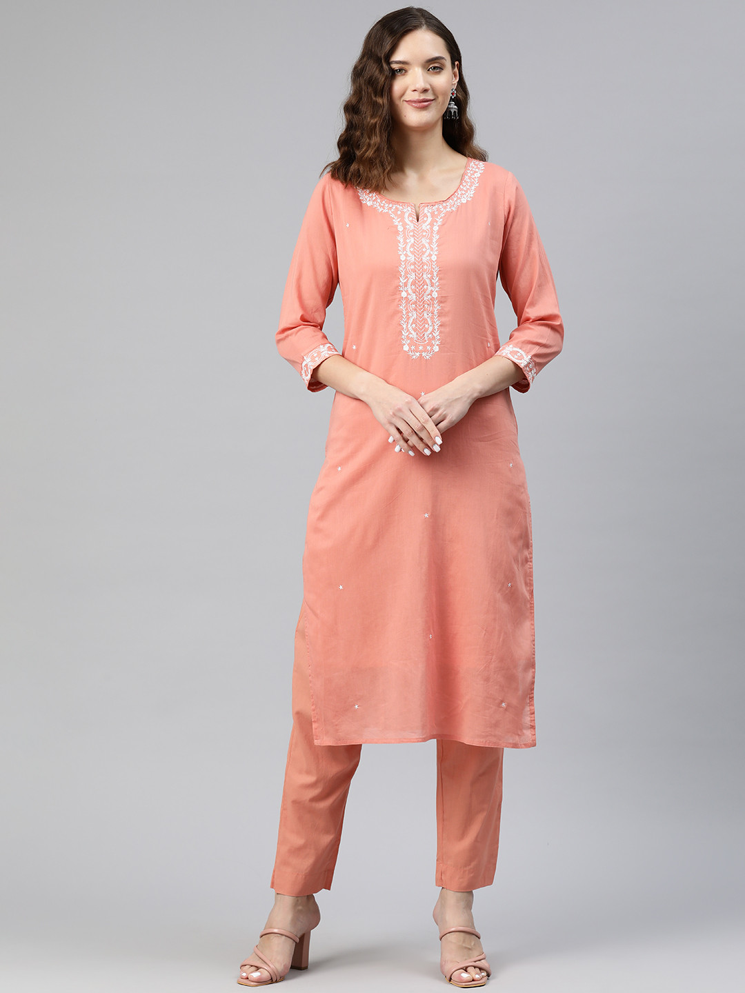 Readiprint Women Floral Yoke Design Sequinned Pure Cotton Kurta with Palazzos, Peach
Readiprint Women Floral Yoke Design Sequinned Pure Cotton Kurta with Palazzos, Peach