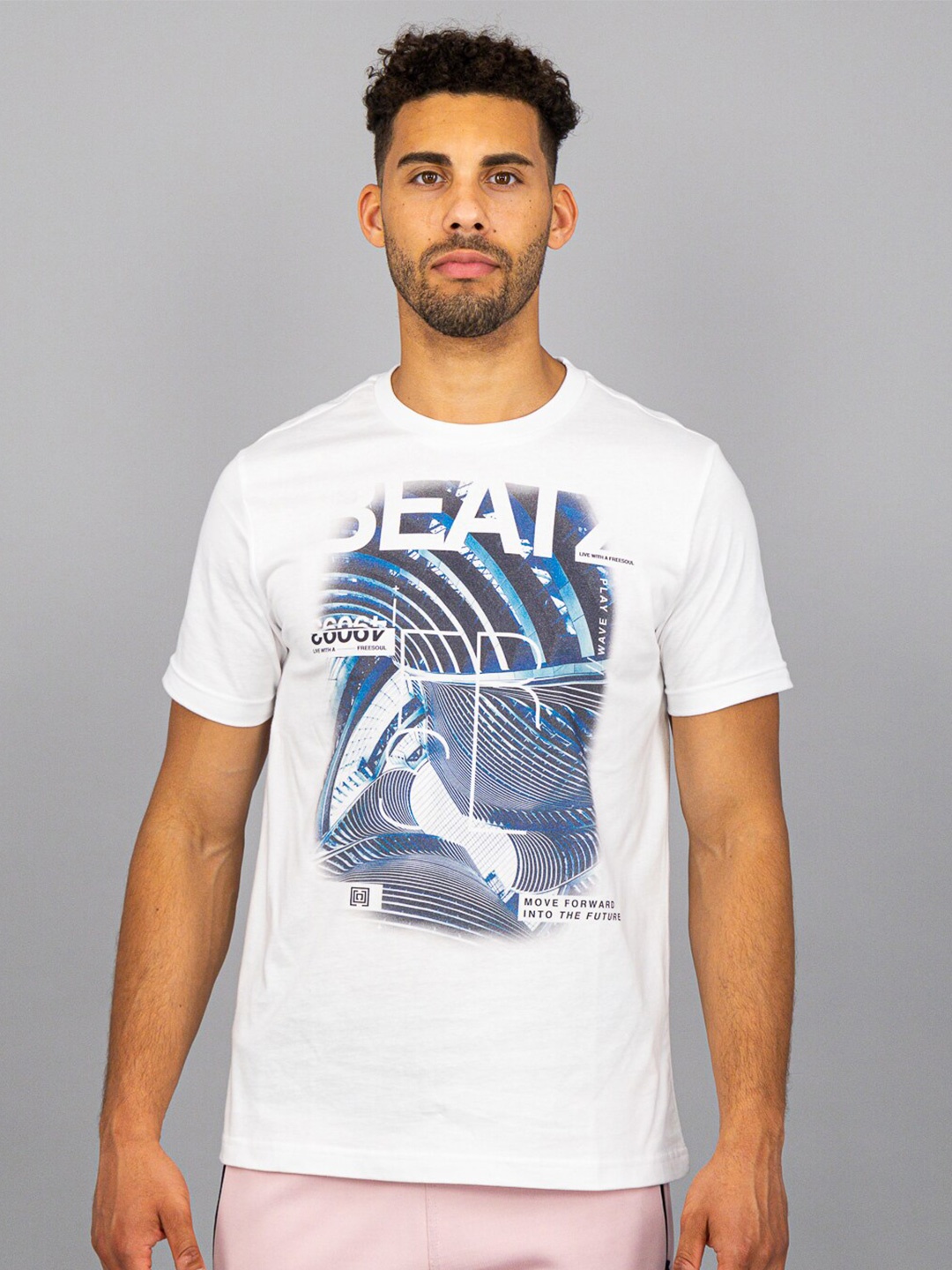 FREESOUL Men Printed Pure Cotton T-shirt, White