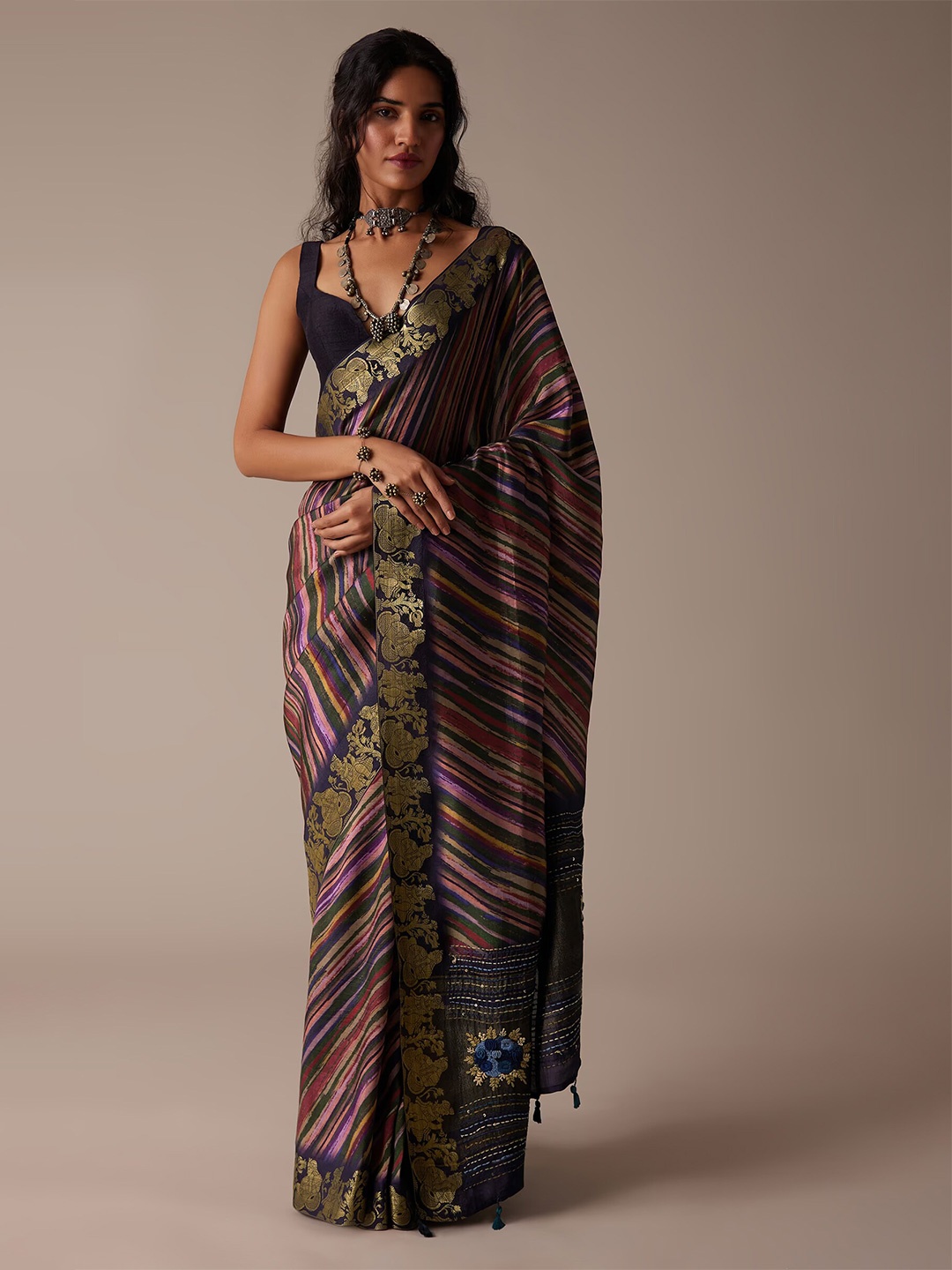 KALKI Fashion Striped Zari Jute Silk Saree, Pink