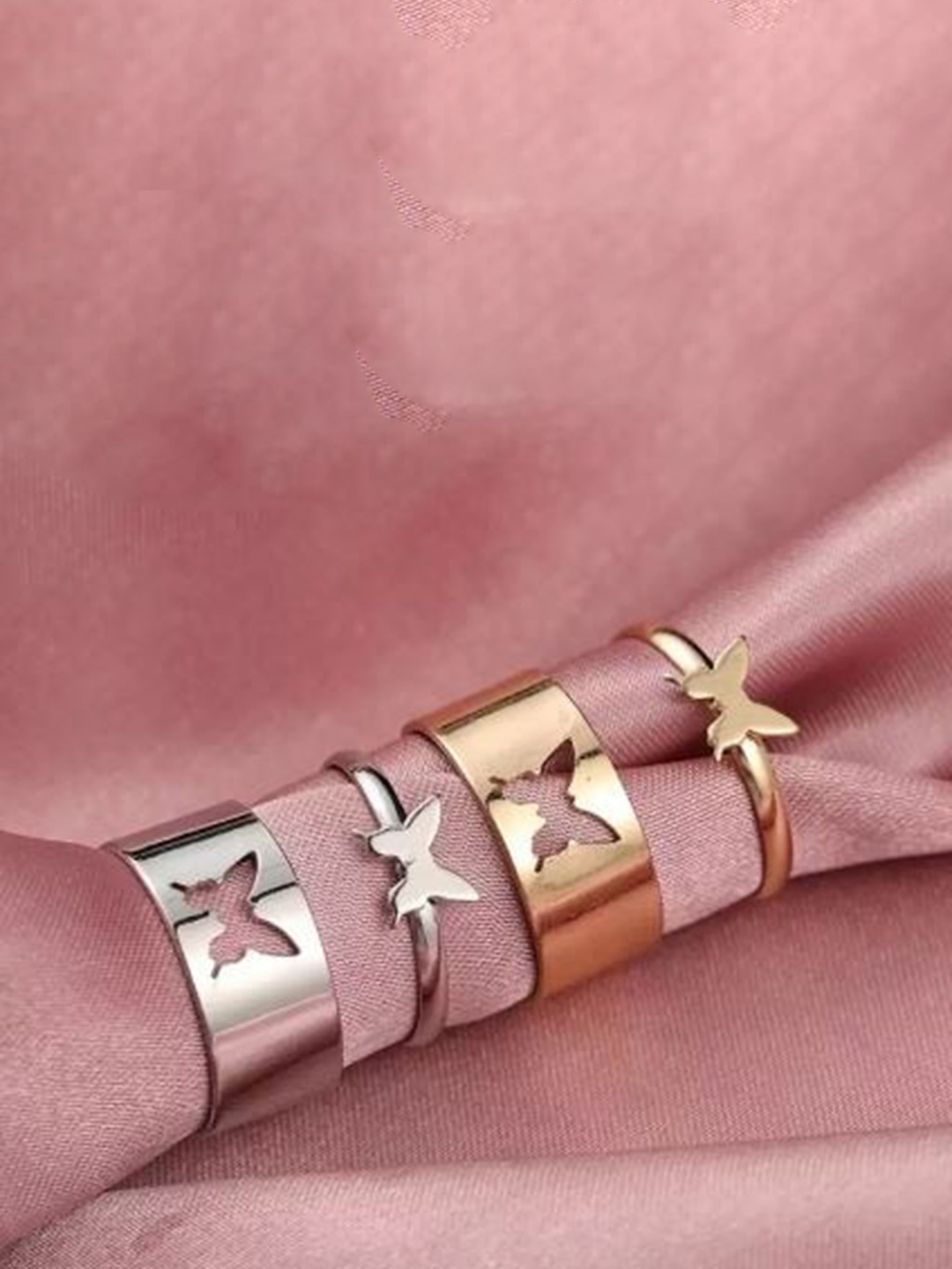MEENAZ Pack of 4 Gold & Silver-Plated Butterfly Shaped Adjustable Couple Finger Rings
MEENAZ Pack of 4 Gold & Silver-Plated Butterfly Shaped Adjustable Couple Finger Rings