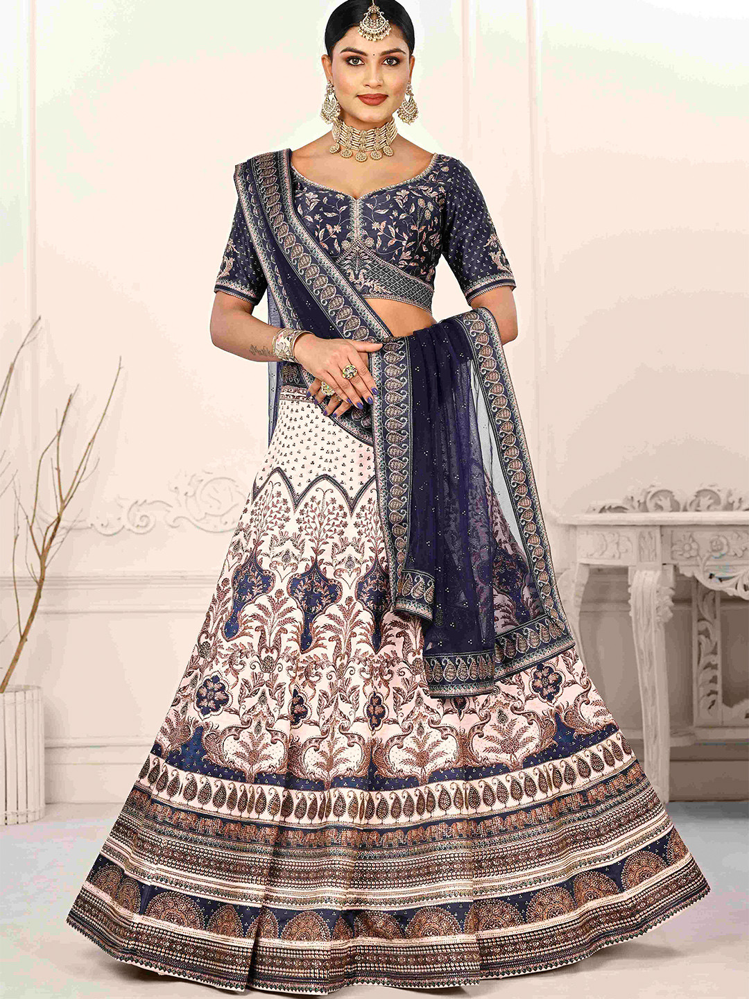 SAPTRANGI Printed Beads and Stones Semi-Stitched Lehenga & Unstitched Blouse With Dupatta, Blue
SAPTRANGI Printed Beads and Stones Semi-Stitched Lehenga & Unstitched Blouse With Dupatta, Blue