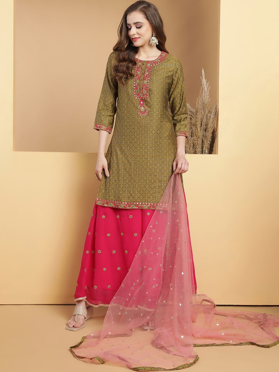 Be Indi Embroidered Mirror Work Chanderi Silk Kurta with Sharara & With Dupatta, Green
Be Indi Embroidered Mirror Work Chanderi Silk Kurta with Sharara & With Dupatta, Green