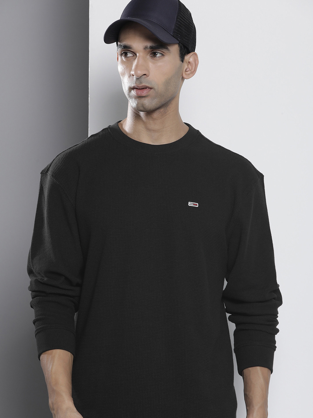 Tommy Hilfiger Self-Design Checked Pure Cotton T-shirt, Black 
Tommy Hilfiger Self-Design Checked Pure Cotton T-shirt, Black