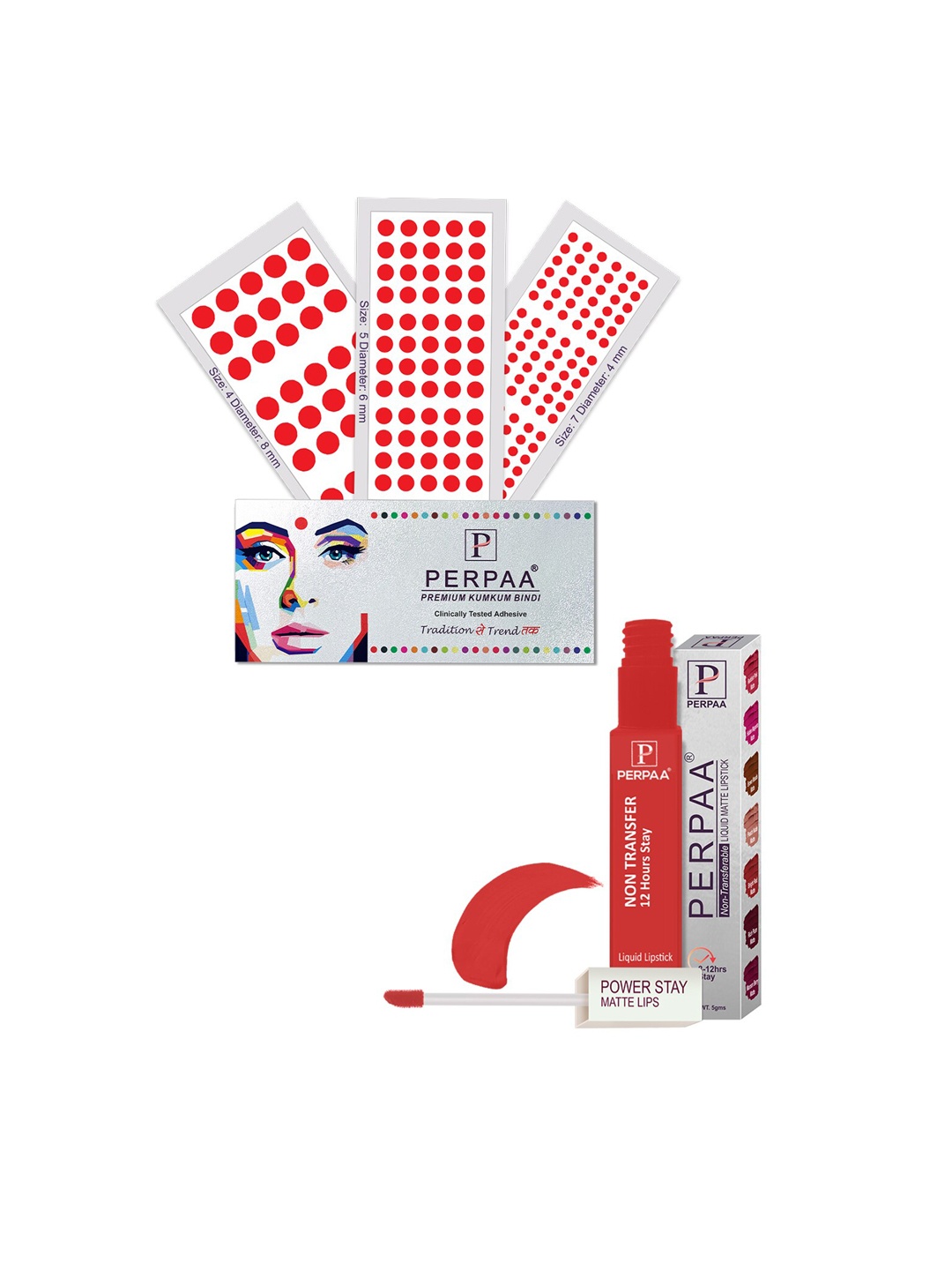PERPAA Power Stay Non Transfer Lipstick-01 & Set of 3 Premium Red Bindis- Size 04,05,07
PERPAA Power Stay Non Transfer Lipstick-01 & Set of 3 Premium Red Bindis- Size 04,05,07