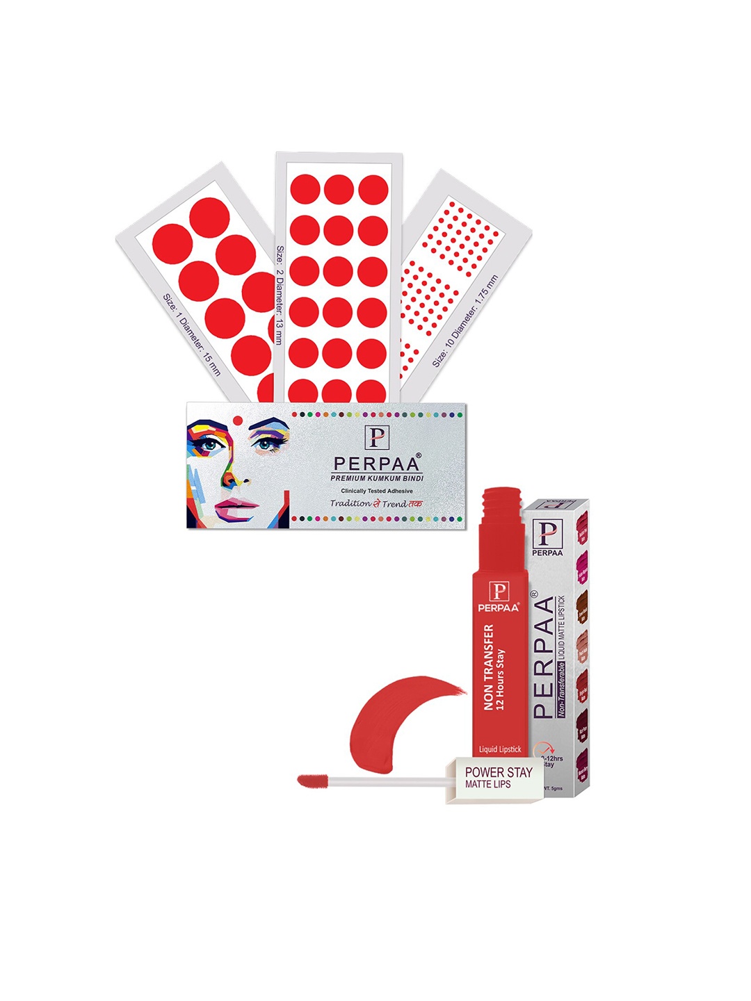 PERPAA Power Stay Non Transfer Lipstick-01 & Set of 3 Premium Red Bindis - Size 01,02,10
PERPAA Power Stay Non Transfer Lipstick-01 & Set of 3 Premium Red Bindis - Size 01,02,10